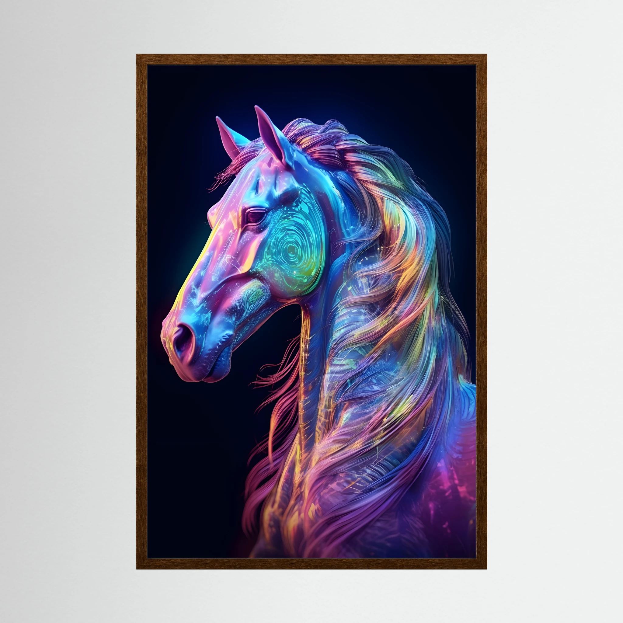 Neon blue, pink and violet horse portrait against a dark background.