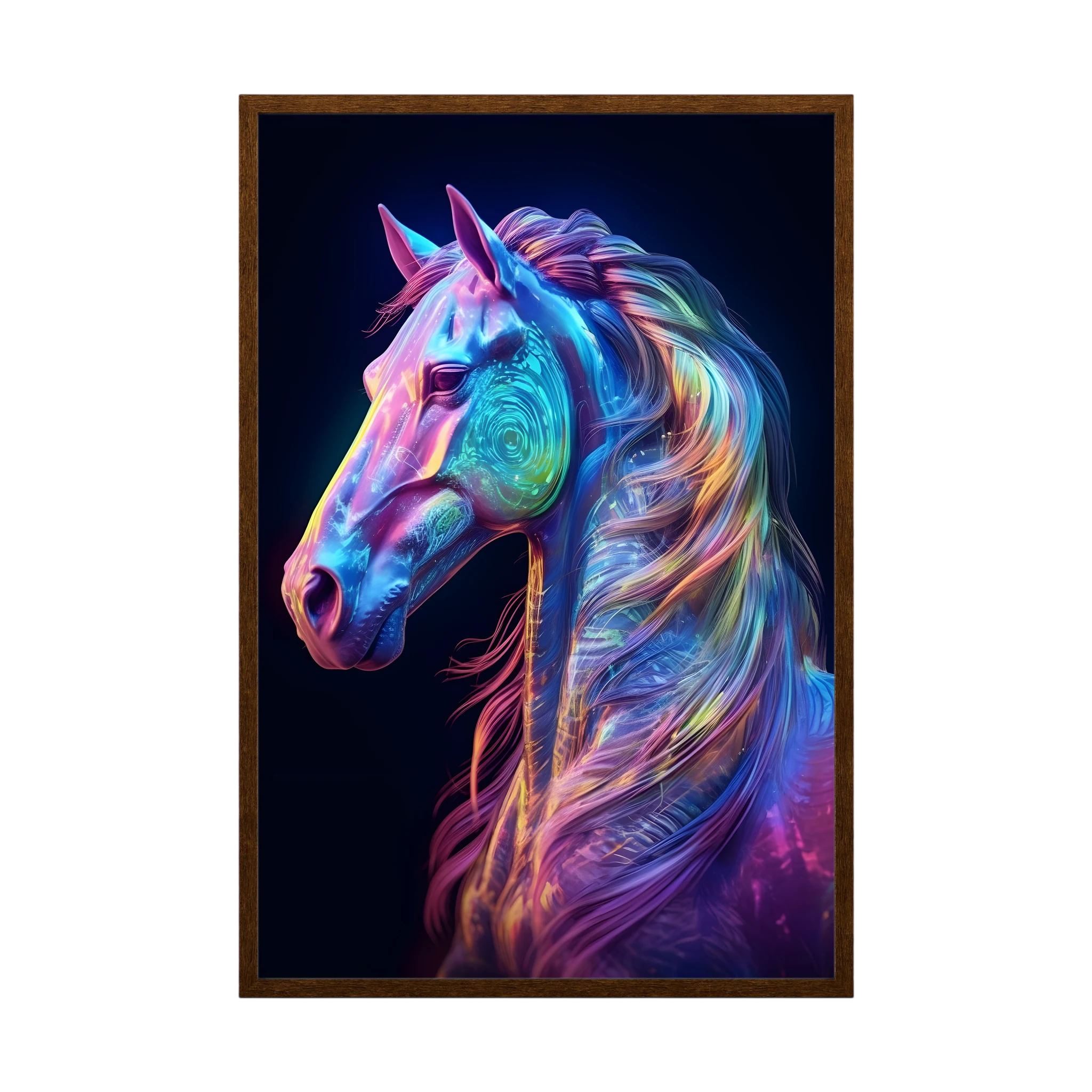 Neon blue, pink and violet horse portrait against a dark background.