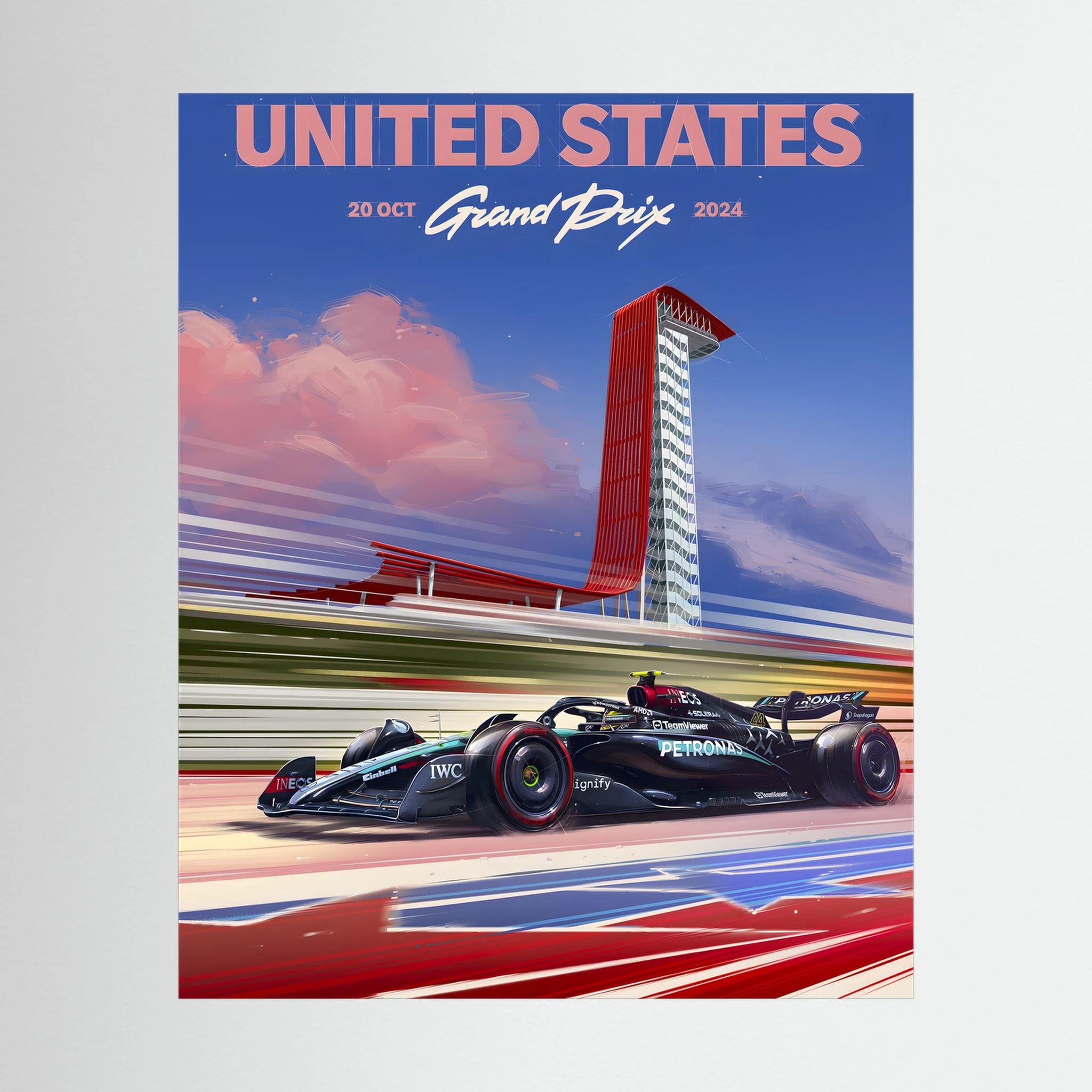 United States Grand Prix racing poster with Formula One car and Austin circuit tower.