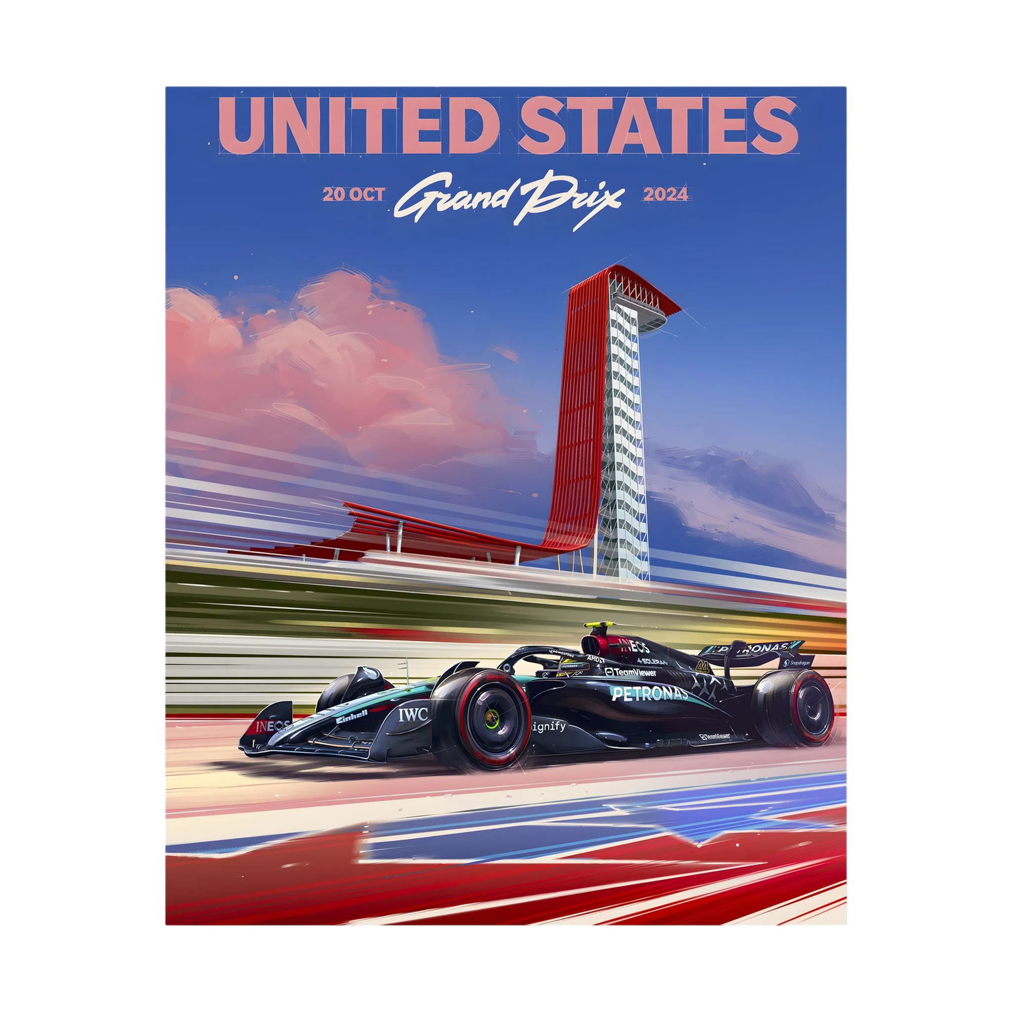 United States Grand Prix racing poster with Formula One car and Austin circuit tower.