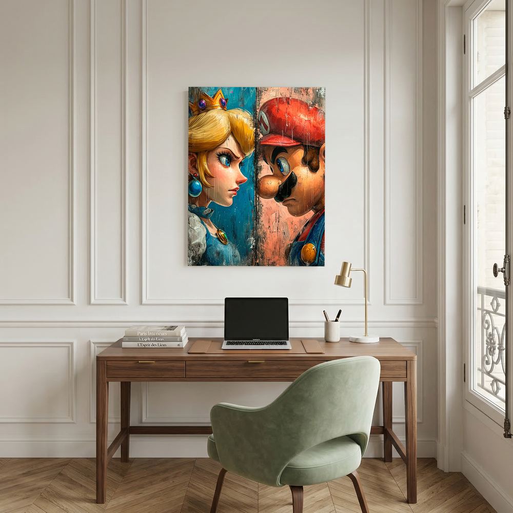 Alternative size view of colourful gaming character face-off artwork, shown unframed.