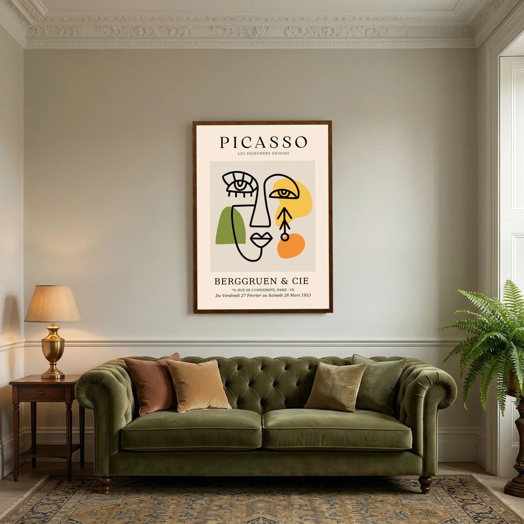 Abstract cubist face drawn in black with green, yellow and orange blocks on a neutral exhibition-style poster, shown in product view 6.