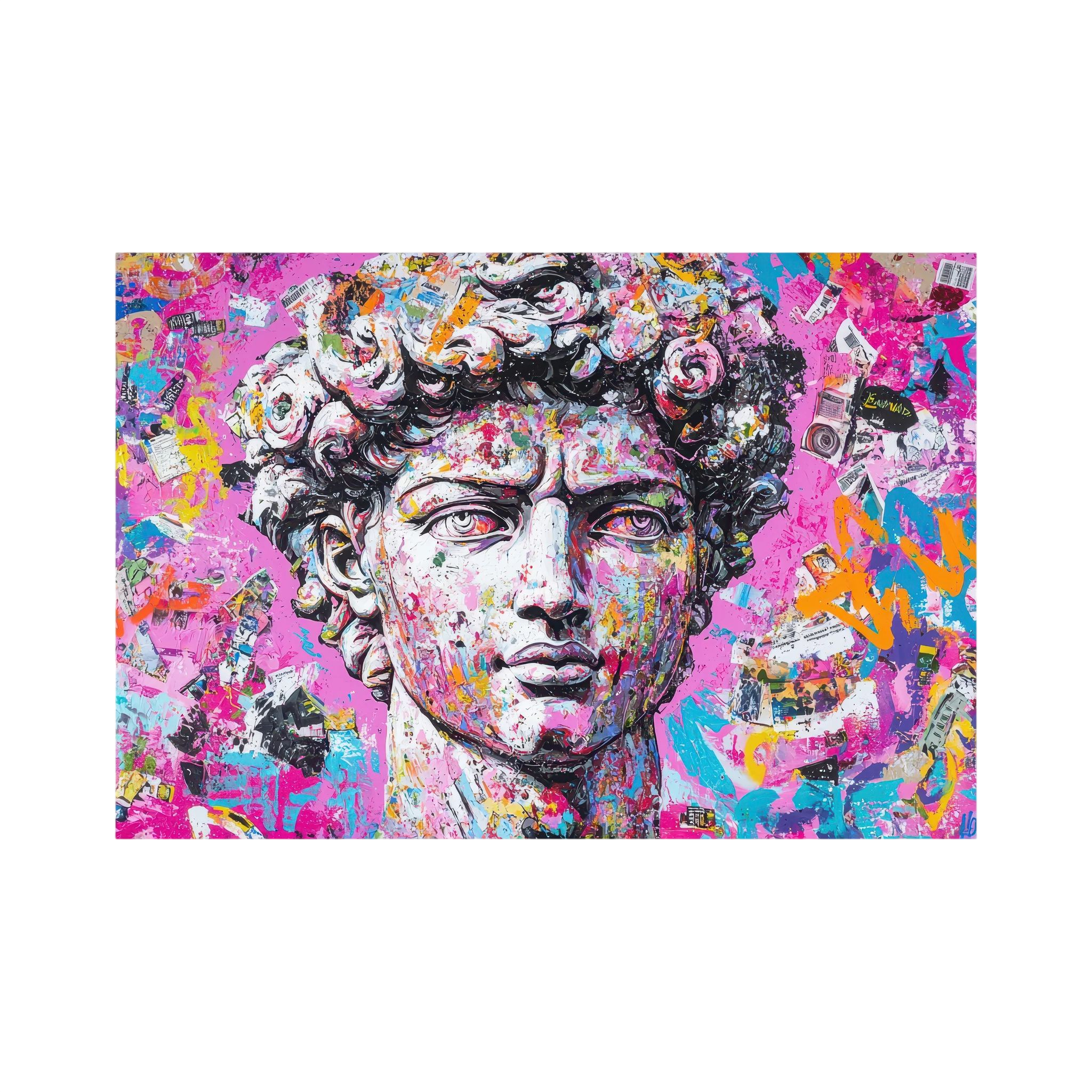 Classical David portrait transformed with layered collage textures and vivid pink, blue, orange and black paint, shown in product view 4.