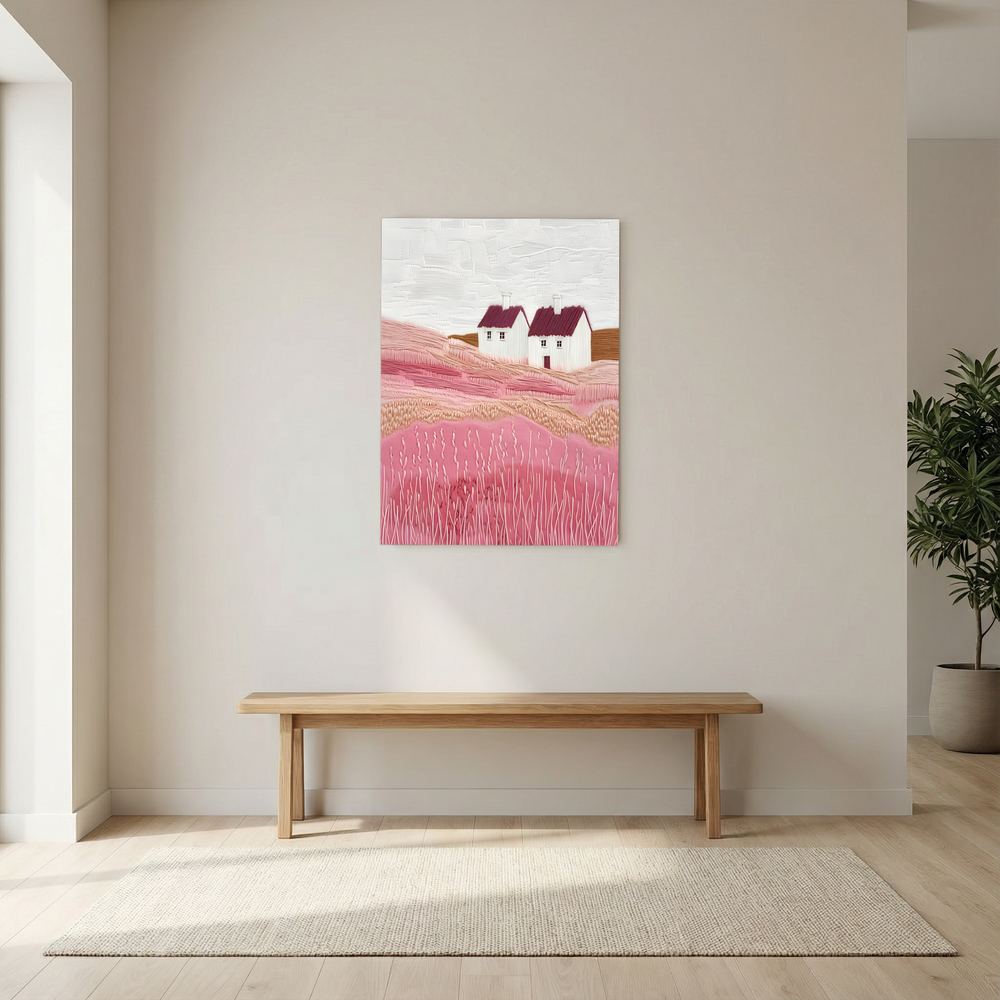 Rosefield Cottages pink countryside cottage art print, product view 5.