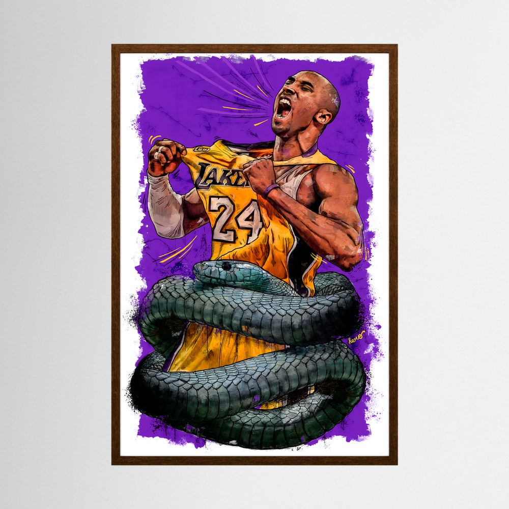 Purple and gold basketball portrait with coiled serpent, shown in a black wooden frame.