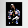 Black hip-hop portrait with blue, white, red and gold details, shown in a dark oak wooden frame.