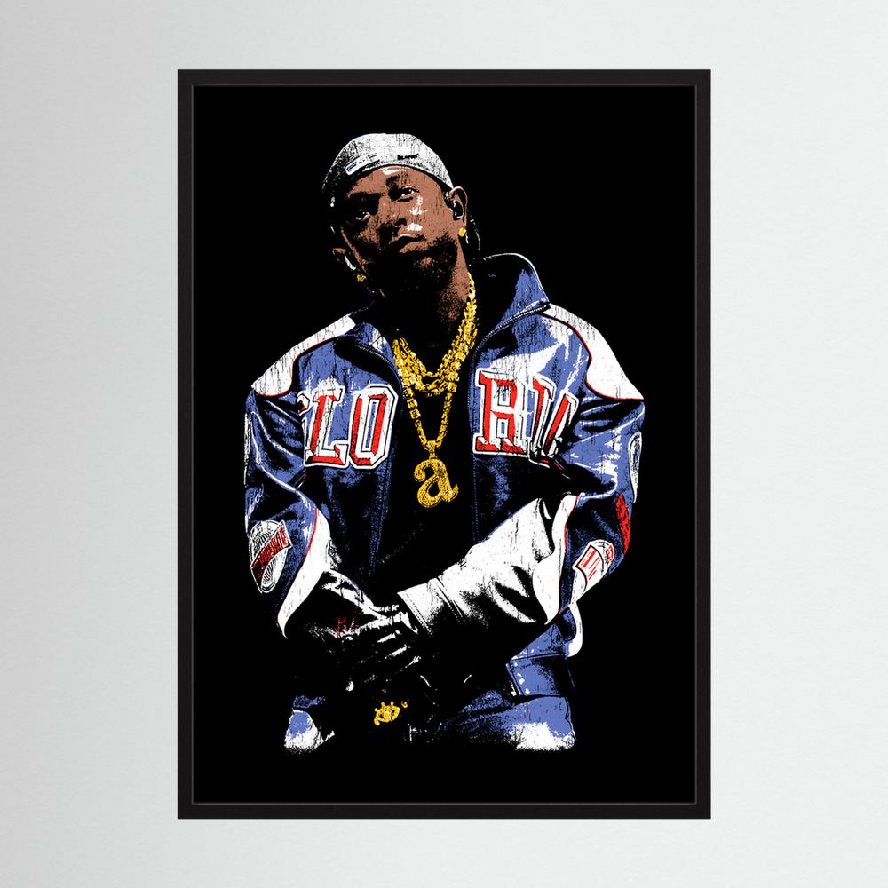 Black hip-hop portrait with blue, white, red and gold details, shown in a dark oak wooden frame.