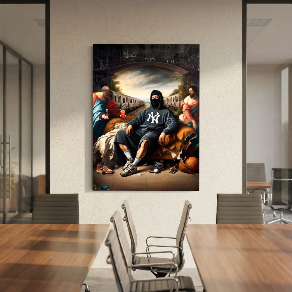 Alternative size view of Renaissance-inspired street art group portrait, shown unframed.