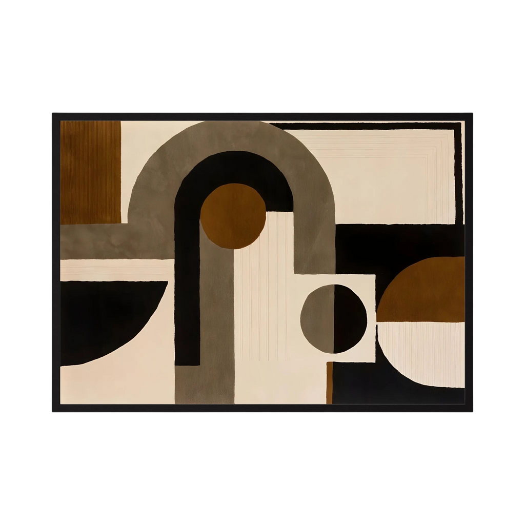 Neutral brown, black and cream arches and circles arranged in a horizontal geometric design, shown in product view 3.