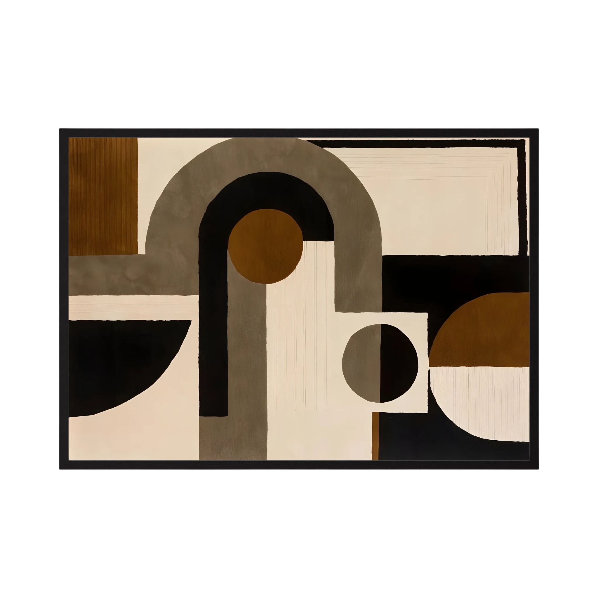 Neutral brown, black and cream arches and circles arranged in a horizontal geometric design, shown in product view 3.