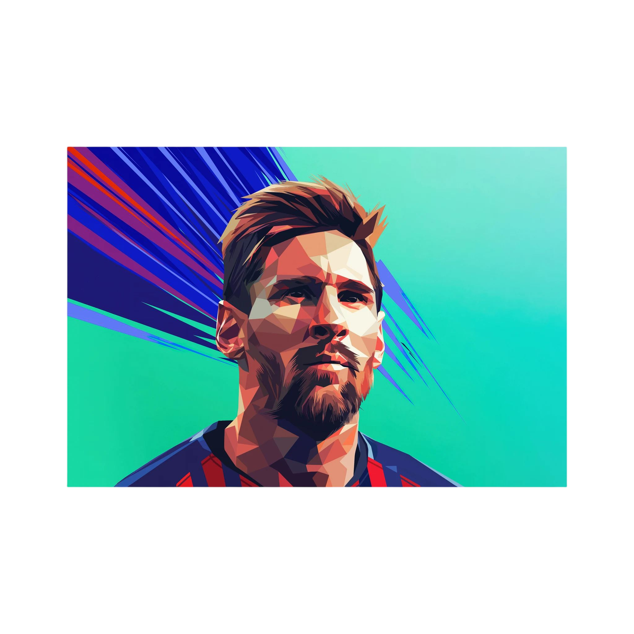 Geometric portrait of Lionel Messi in blue and red against a teal background with sweeping blue lines.