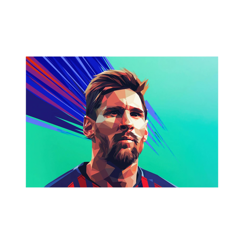 Geometric portrait of Lionel Messi in blue and red against a teal background with sweeping blue lines.