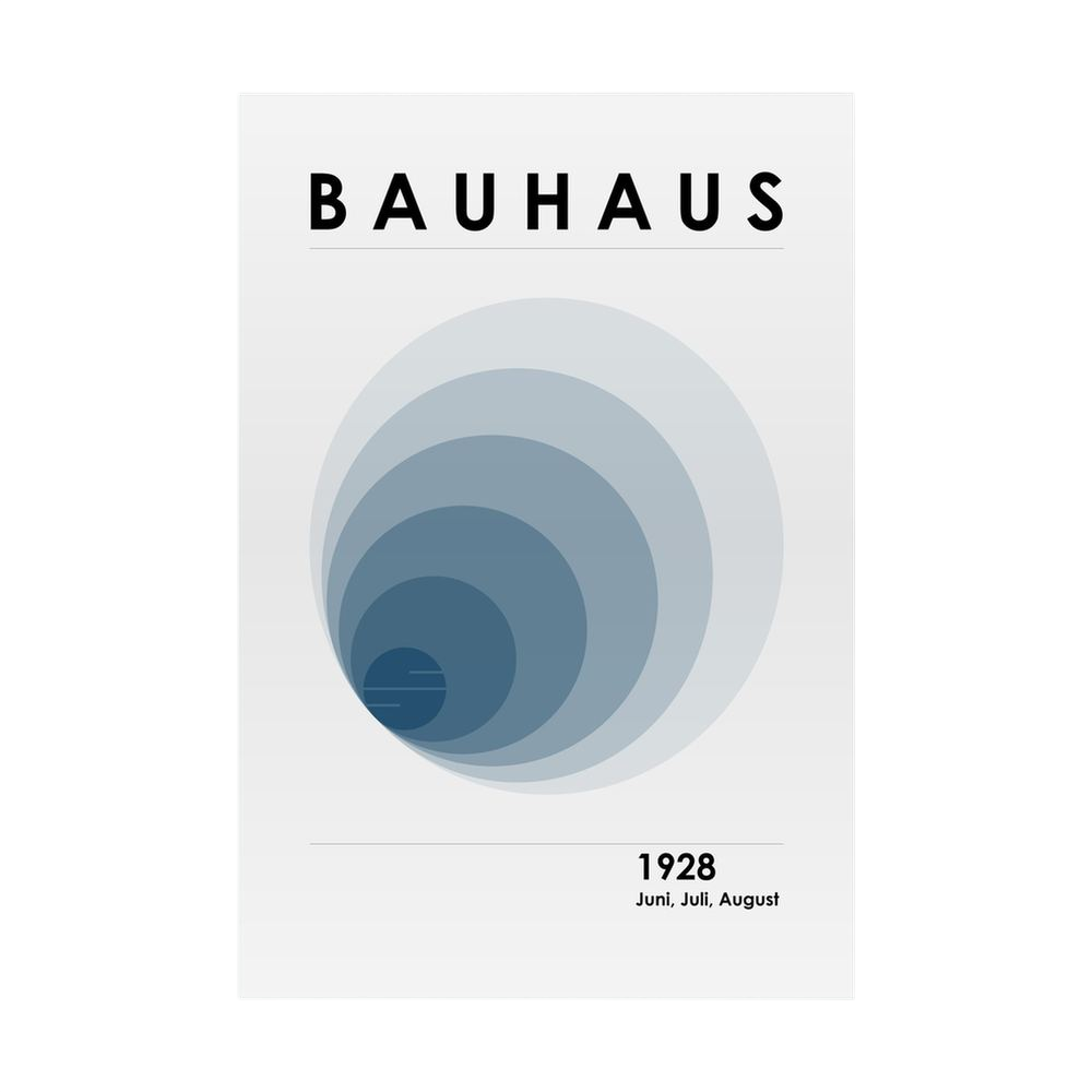 Blue-grey concentric Bauhaus circles with 1928 typography.