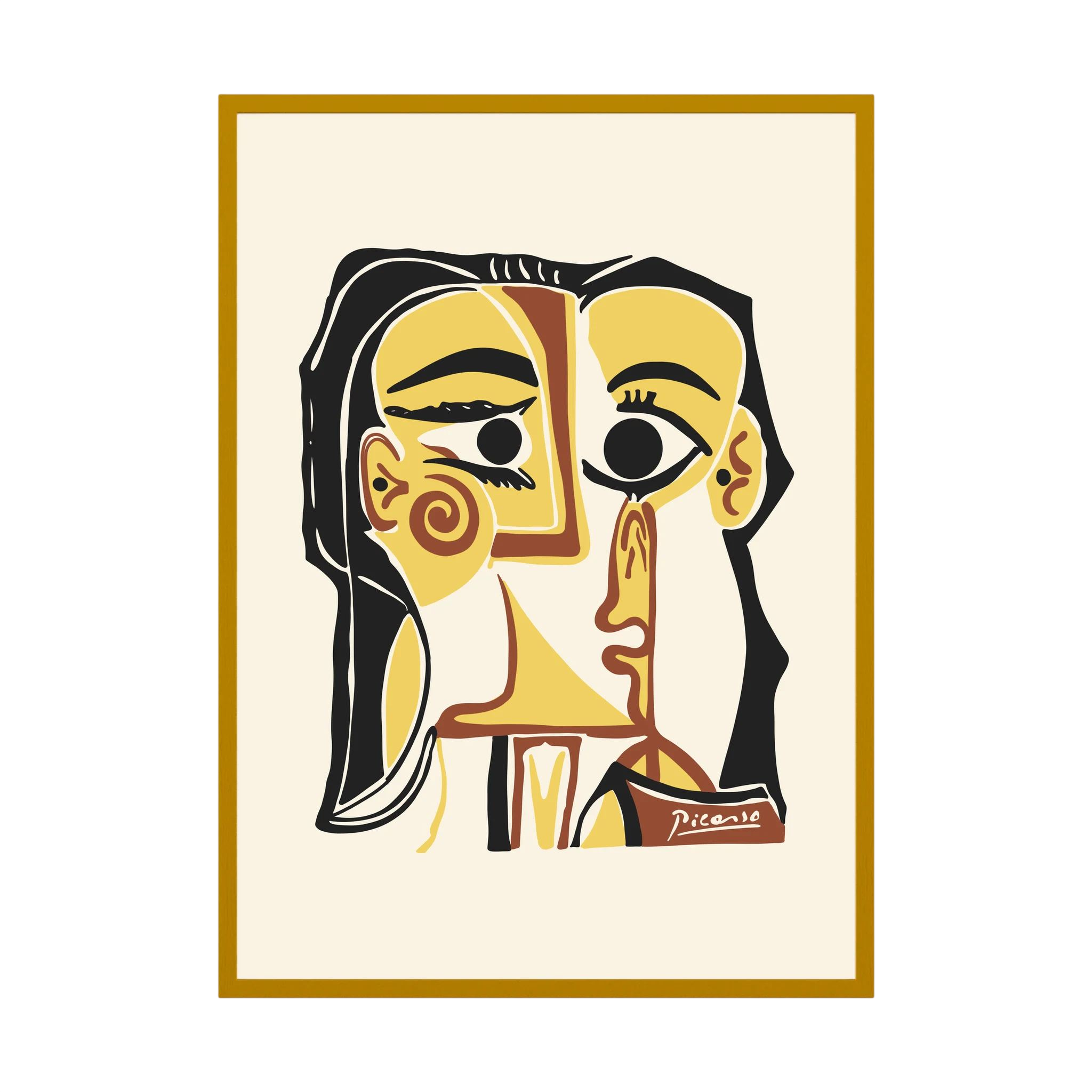 Stylised cubist portrait in golden yellow, cream, brown and black with oversized expressive eyes, shown in product view 4.