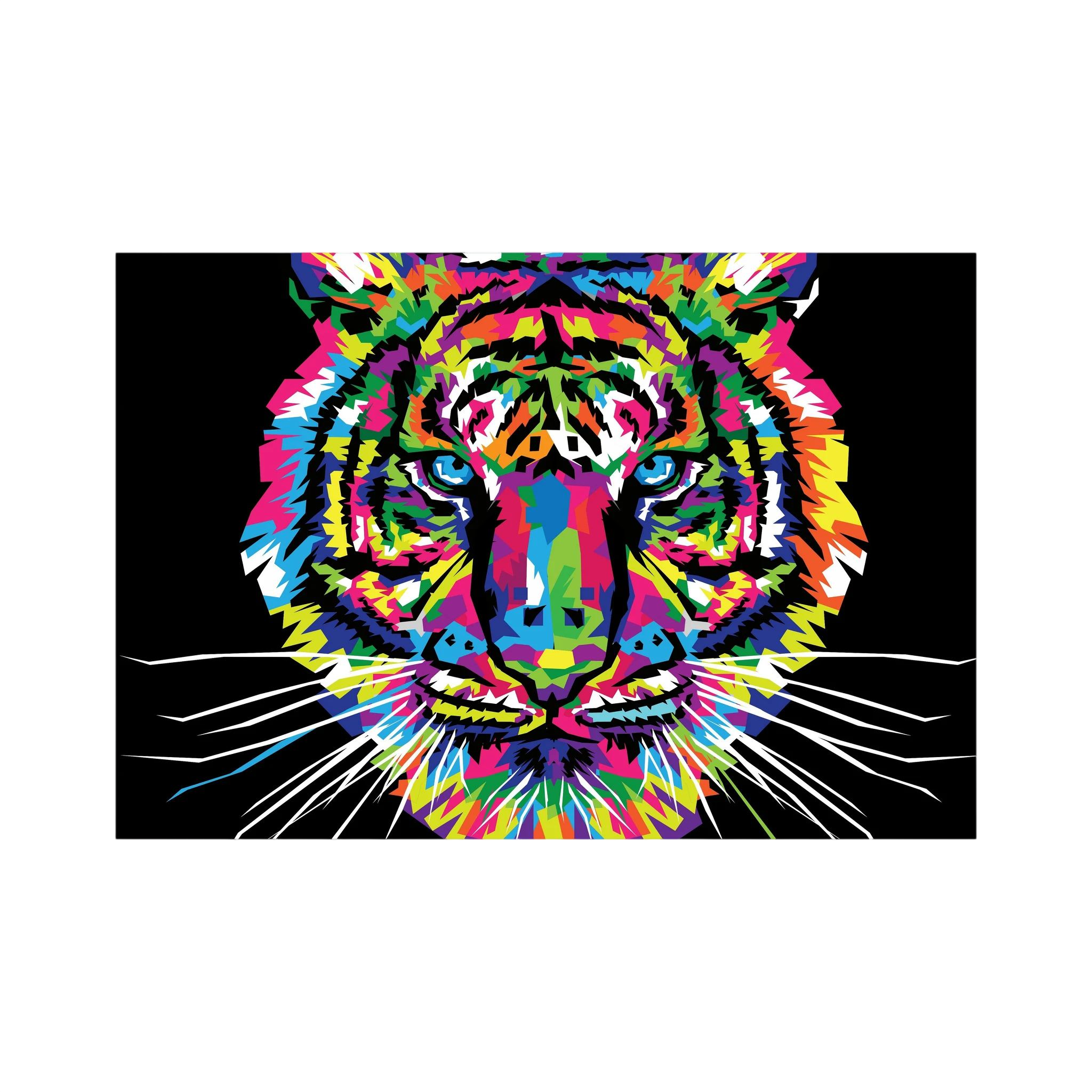 Colourful neon pop art tiger face against a black background.