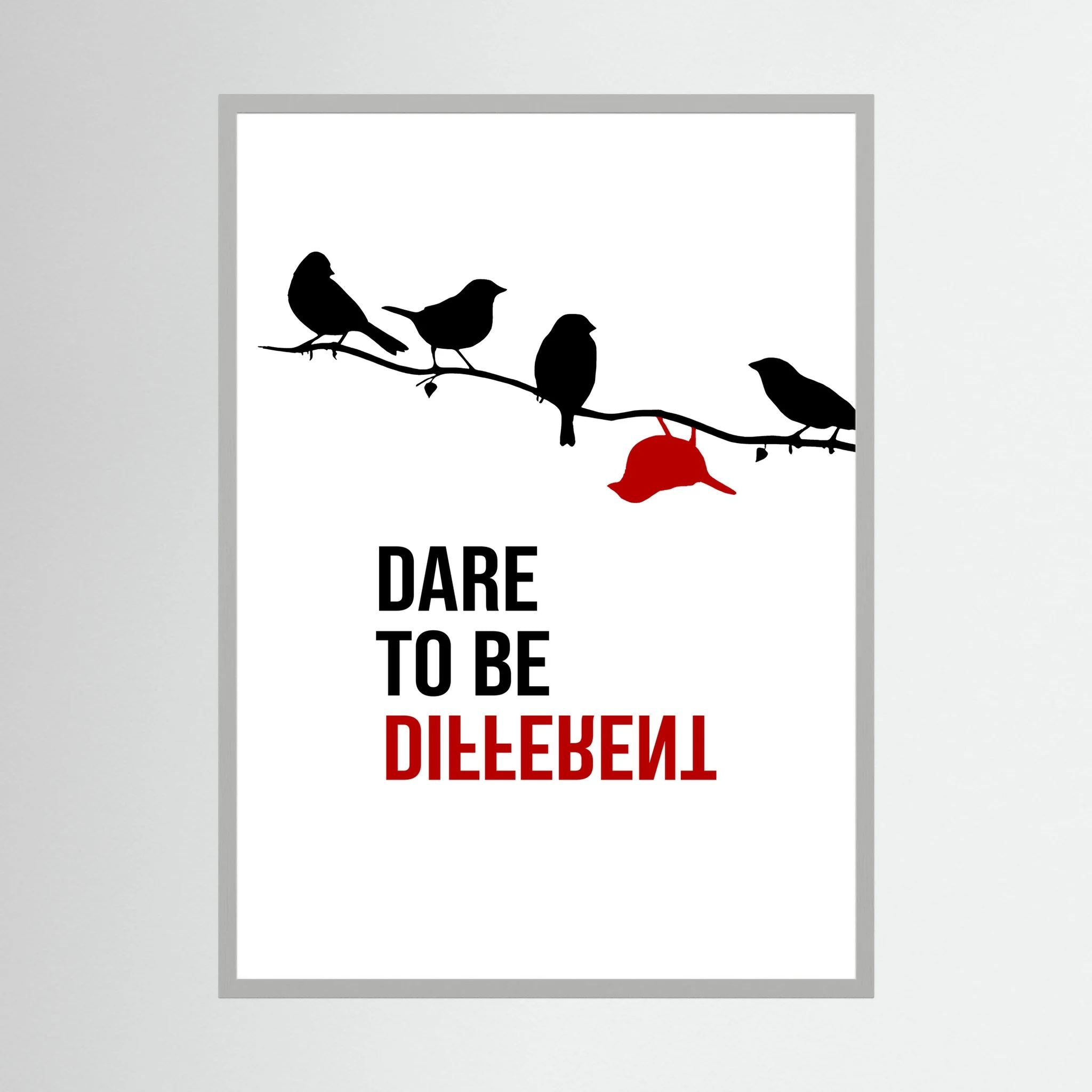 Black birds sit on a branch above dare to be different typography, with one red bird hanging apart, shown in product view 2.
