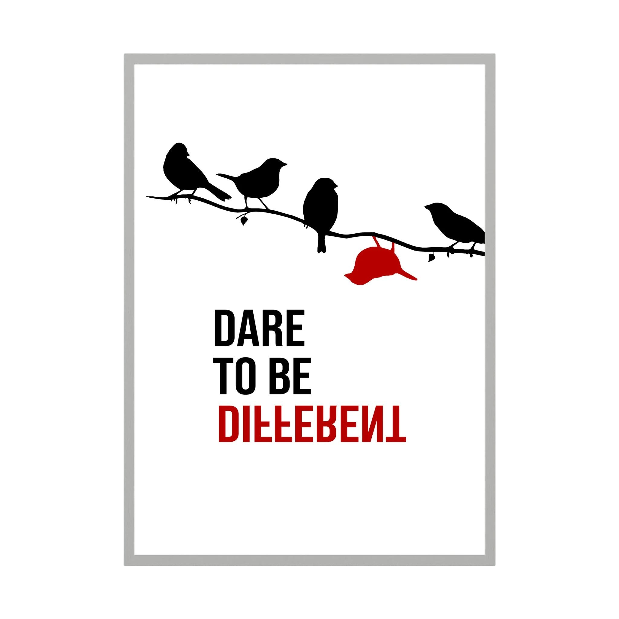 Black birds sit on a branch above dare to be different typography, with one red bird hanging apart, shown in product view 2.