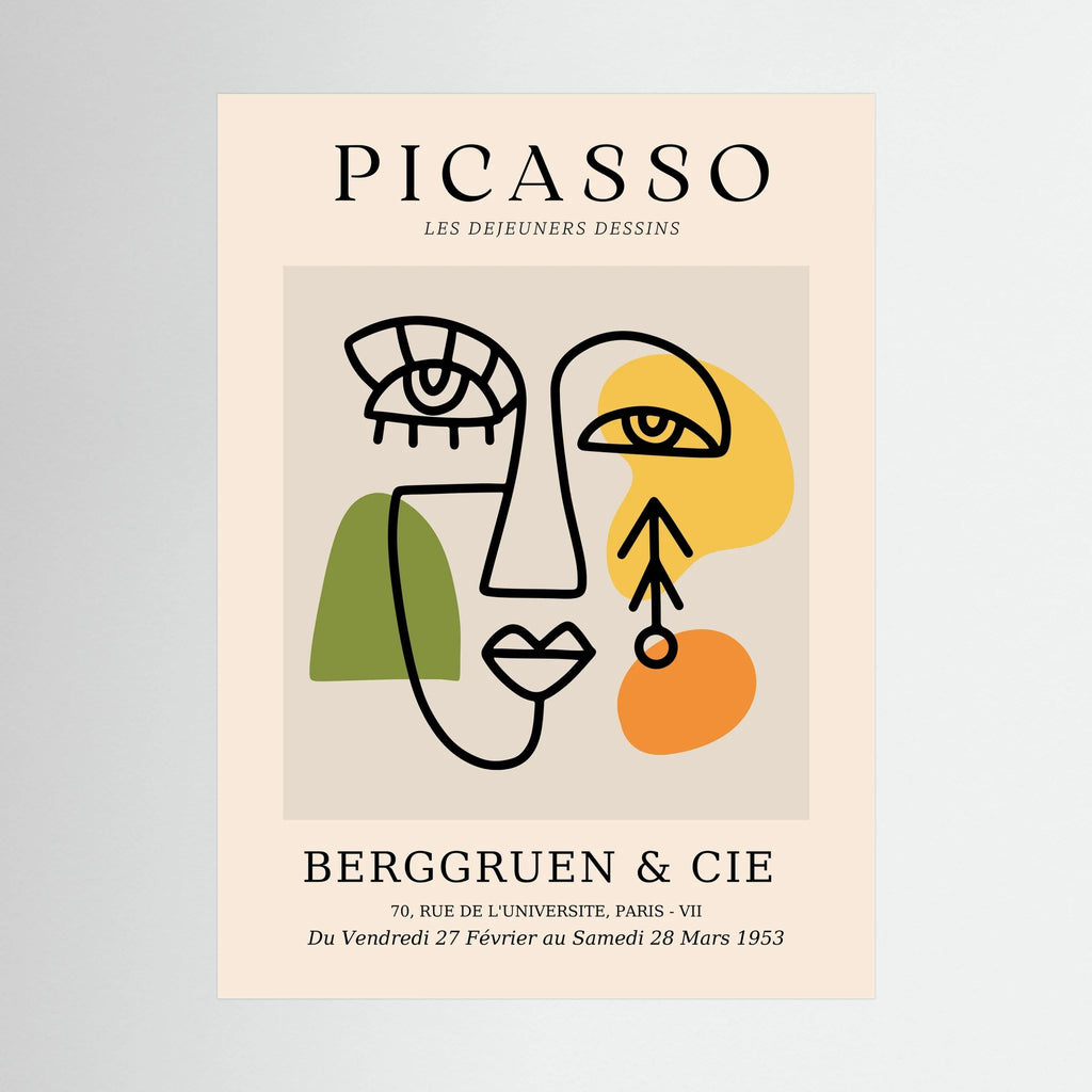 Abstract cubist face drawn in black with green, yellow and orange blocks on a neutral exhibition-style poster.