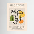 Abstract cubist face drawn in black with green, yellow and orange blocks on a neutral exhibition-style poster.