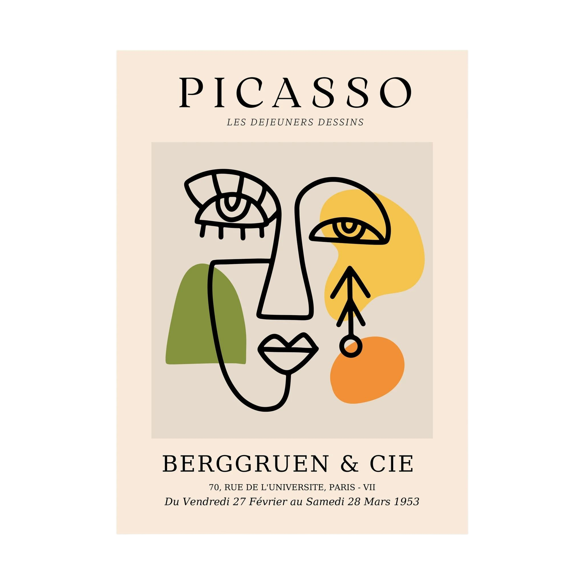 Abstract cubist face drawn in black with green, yellow and orange blocks on a neutral exhibition-style poster.