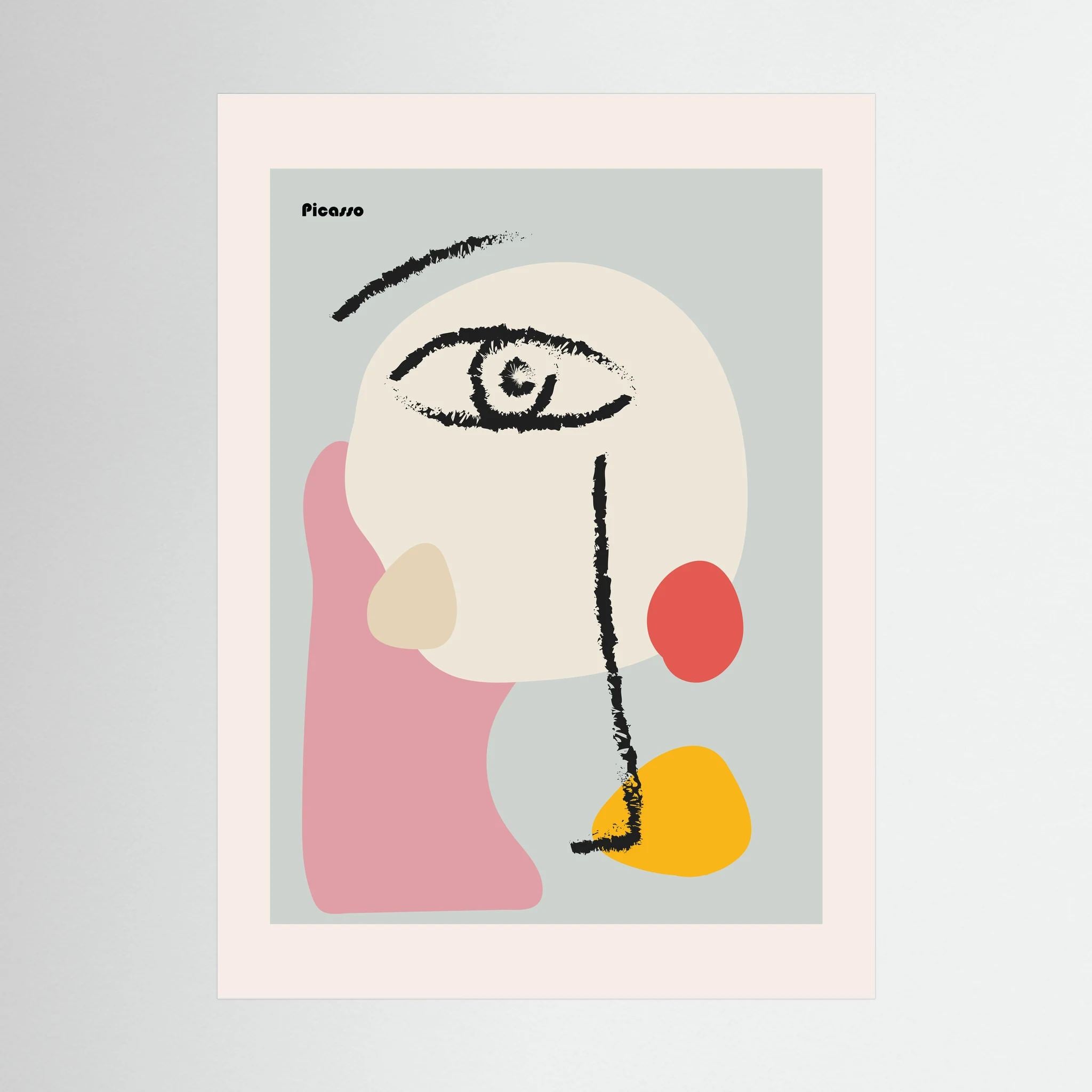 Abstract face reduced to a single eye and black brush marks over soft pink, cream, coral and yellow shapes.