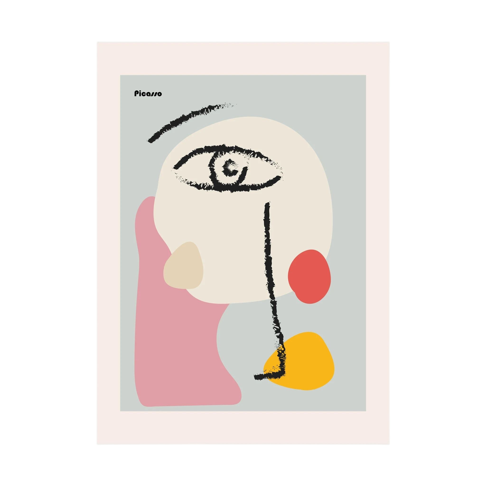 Abstract face reduced to a single eye and black brush marks over soft pink, cream, coral and yellow shapes.