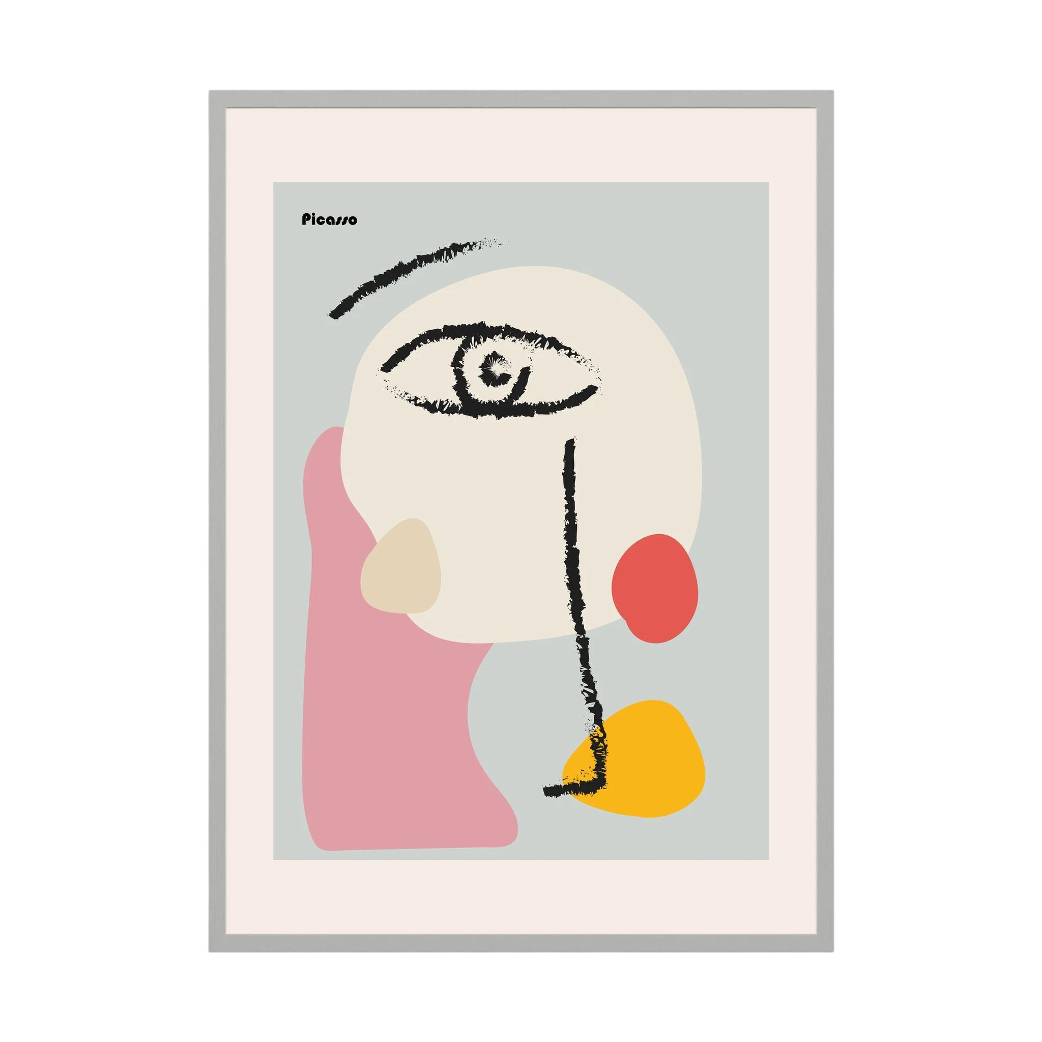 Abstract face reduced to a single eye and black brush marks over soft pink, cream, coral and yellow shapes, shown in product view 5.