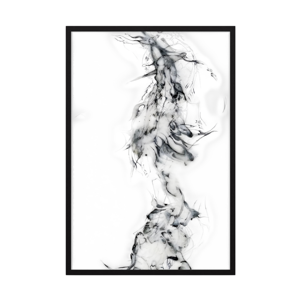 Delicate black and grey ink forms rising through white negative space like drifting smoke, shown in product view 4.