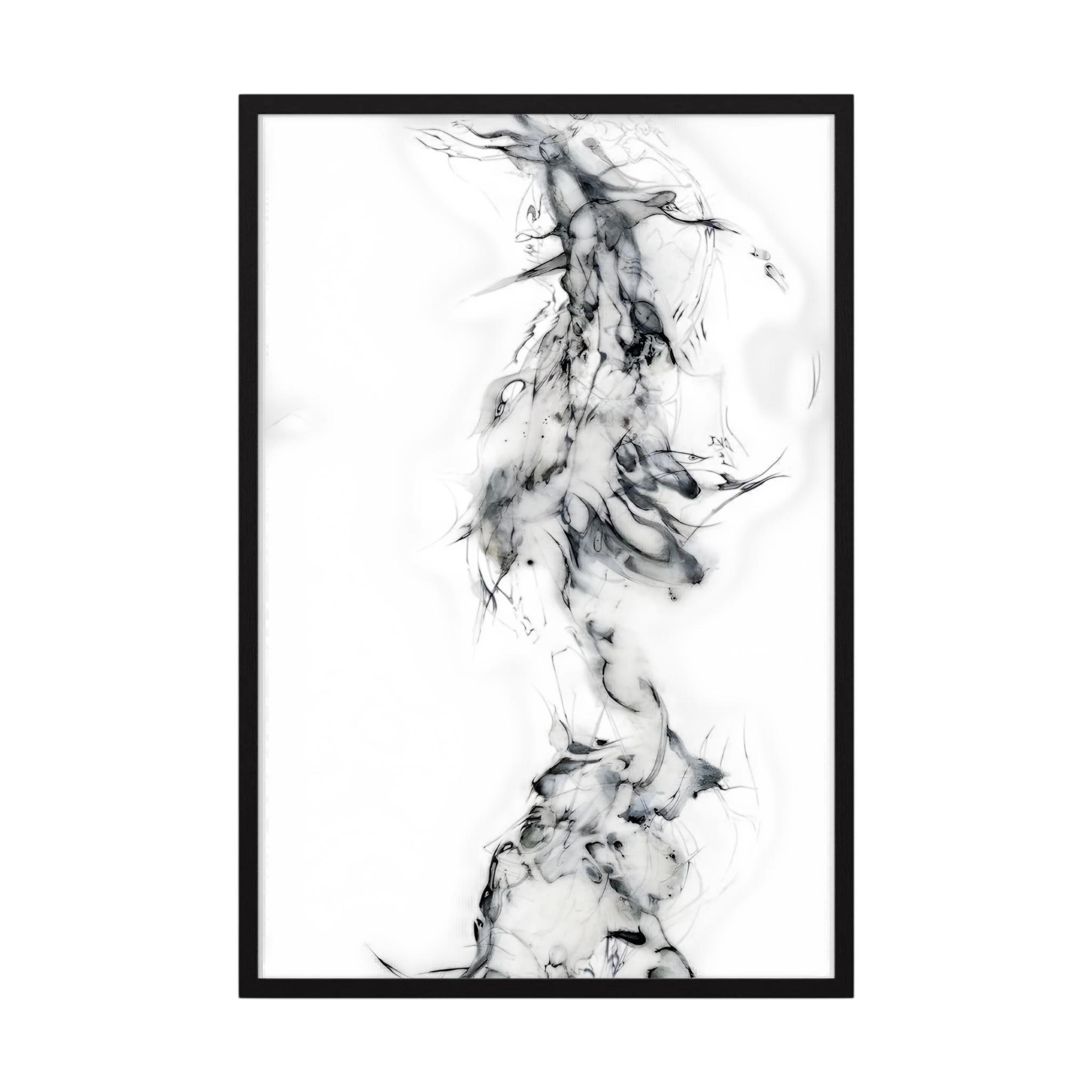 Delicate black and grey ink forms rising through white negative space like drifting smoke, shown in product view 4.