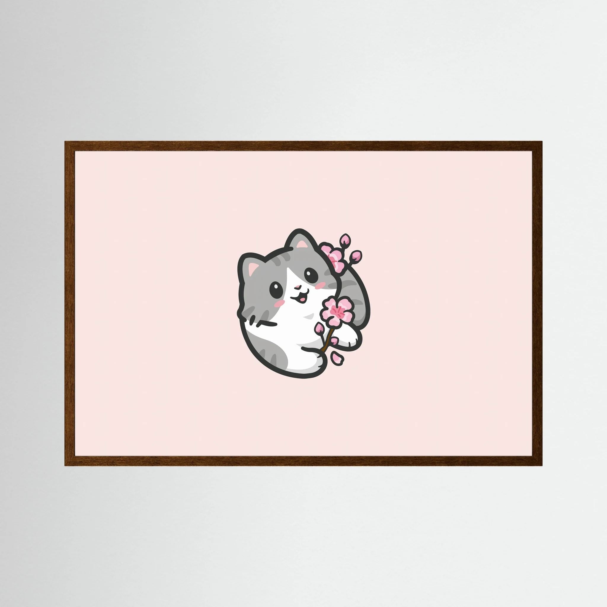 Small grey kitten holding pink blossom on a pale pink background.