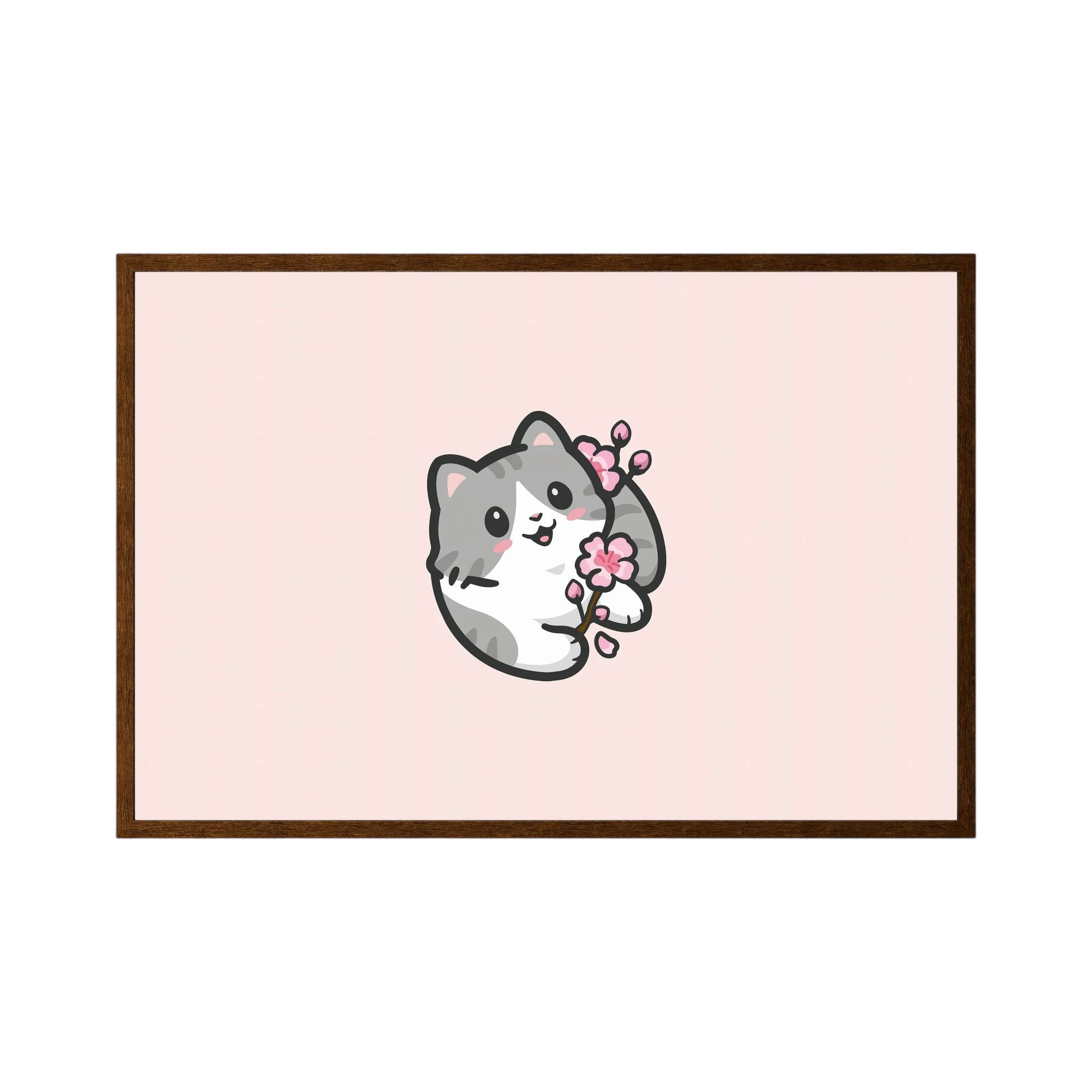 Small grey kitten holding pink blossom on a pale pink background.