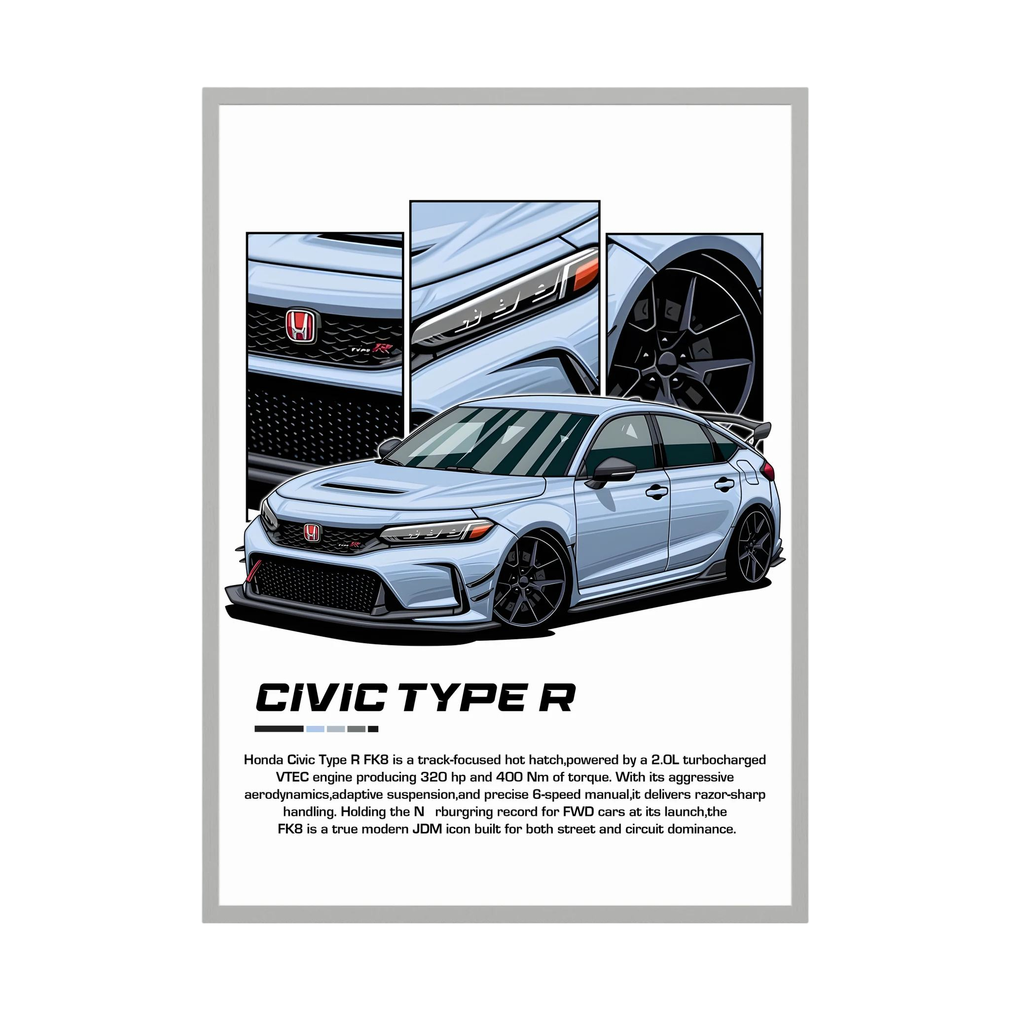 Blue Honda Civic Type R illustration with close-up panels of the grille, bodywork and wheel.