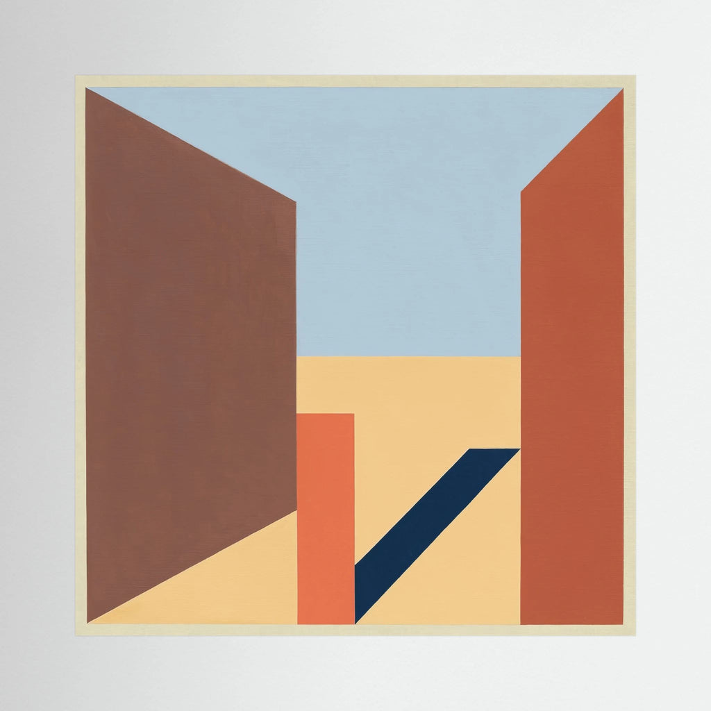 Terracotta and brown architectural planes opening towards a pale blue sky in a geometric composition, shown in product view 3.