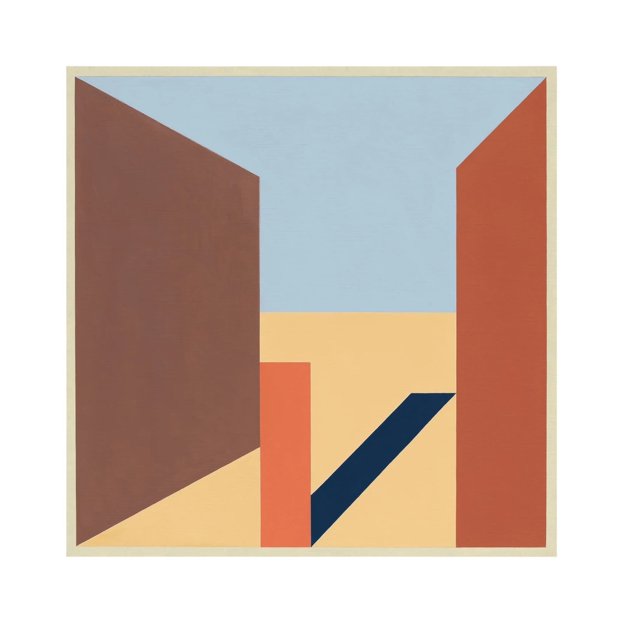 Terracotta and brown architectural planes opening towards a pale blue sky in a geometric composition, shown in product view 3.