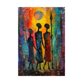 Three tall African figures with spears in a colourful textured scene.