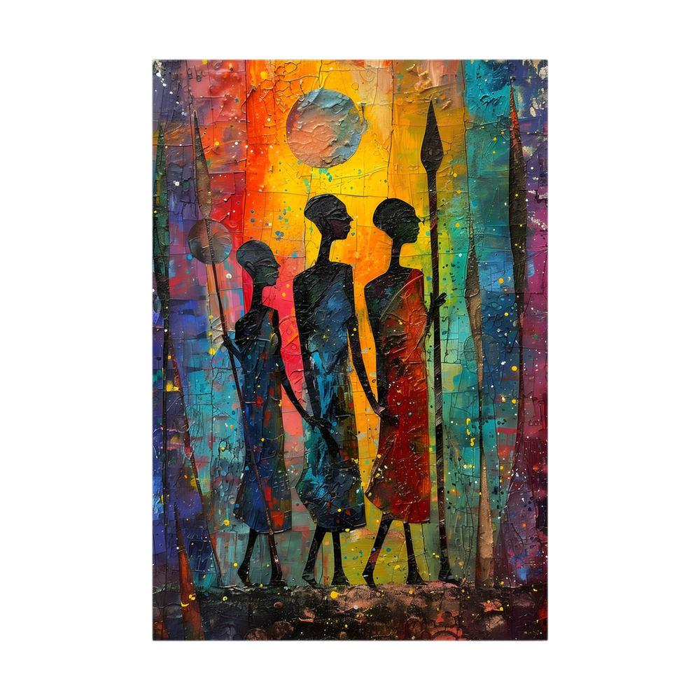 Three tall African figures with spears in a colourful textured scene.