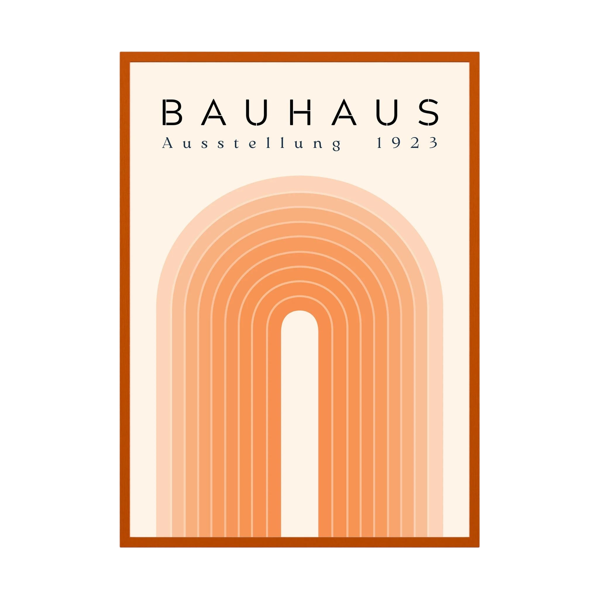 Peach and cream Bauhaus poster with layered concentric arch lines.