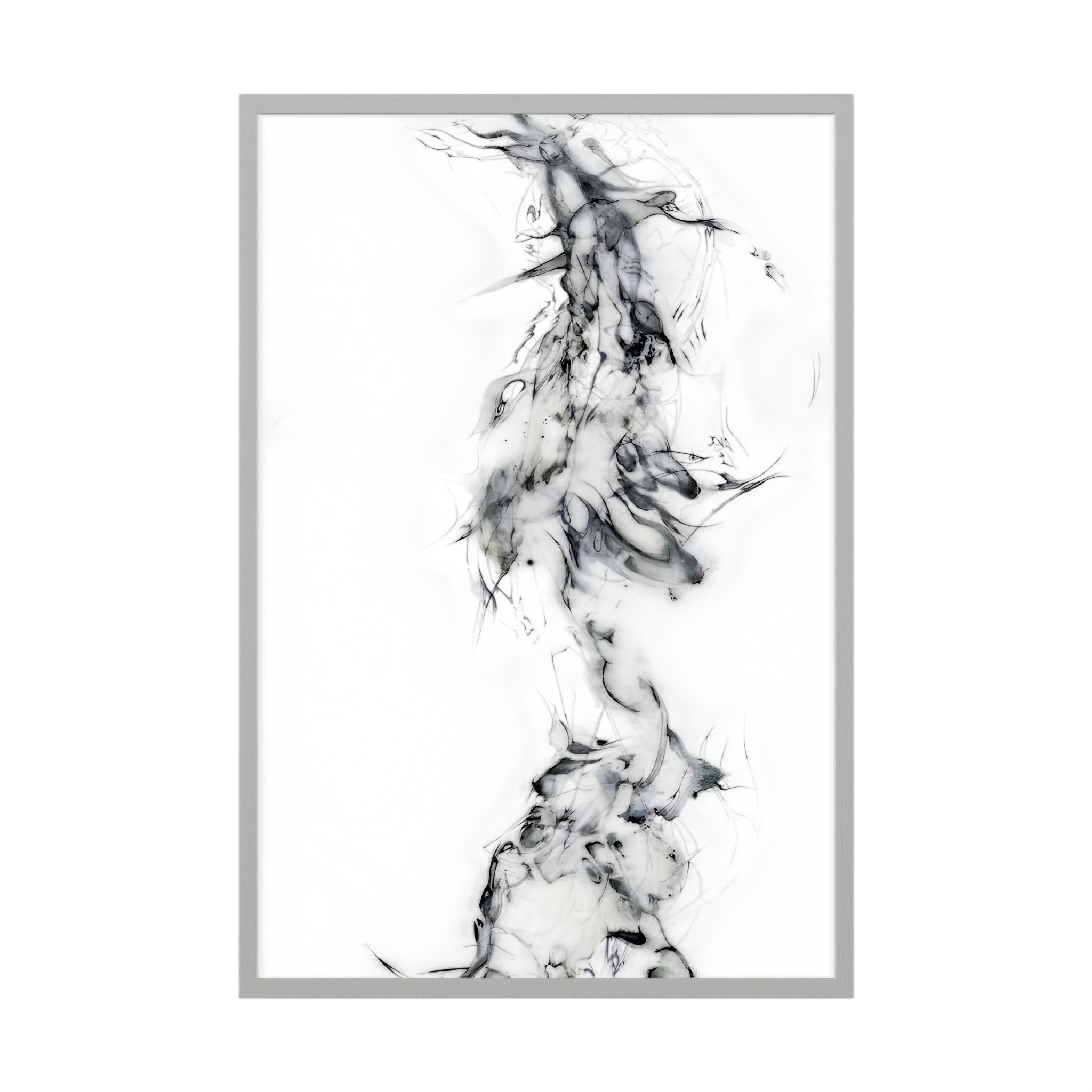 Delicate black and grey ink forms rising through white negative space like drifting smoke, shown in product view 2.