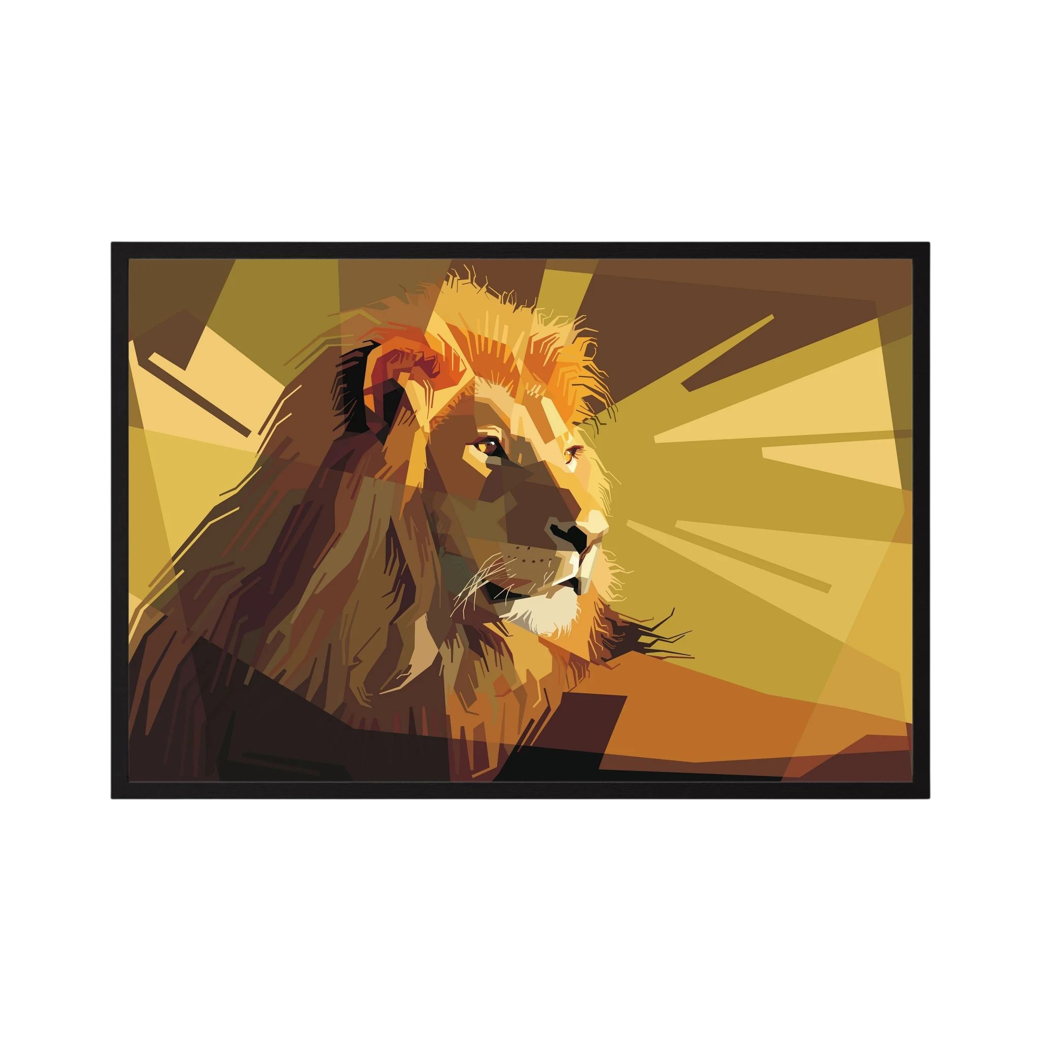 Geometric lion portrait in layered gold, brown and cream shapes.