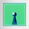 Minimal keyhole form in deep blue and white centred on a luminous green field.