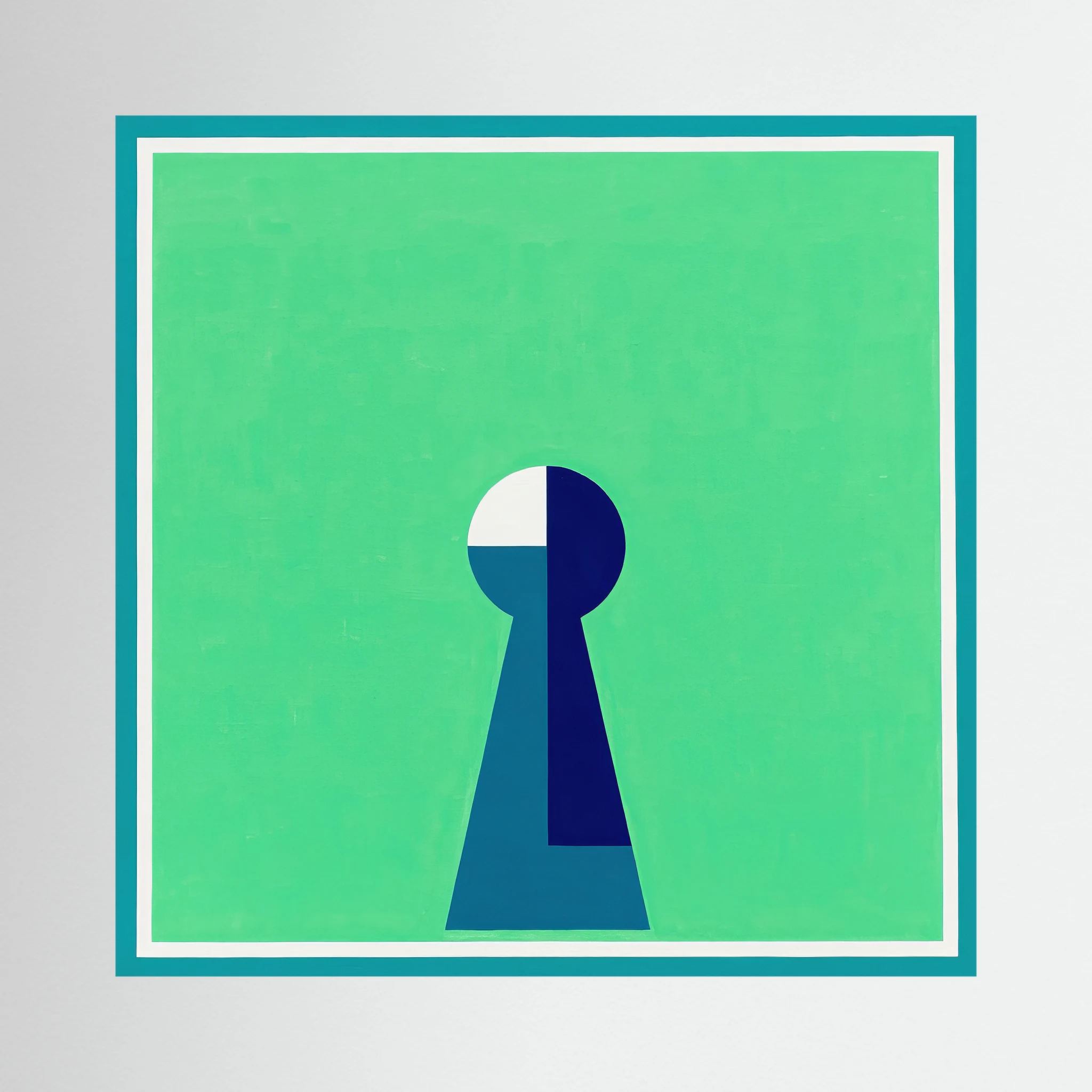 Minimal keyhole form in deep blue and white centred on a luminous green field.