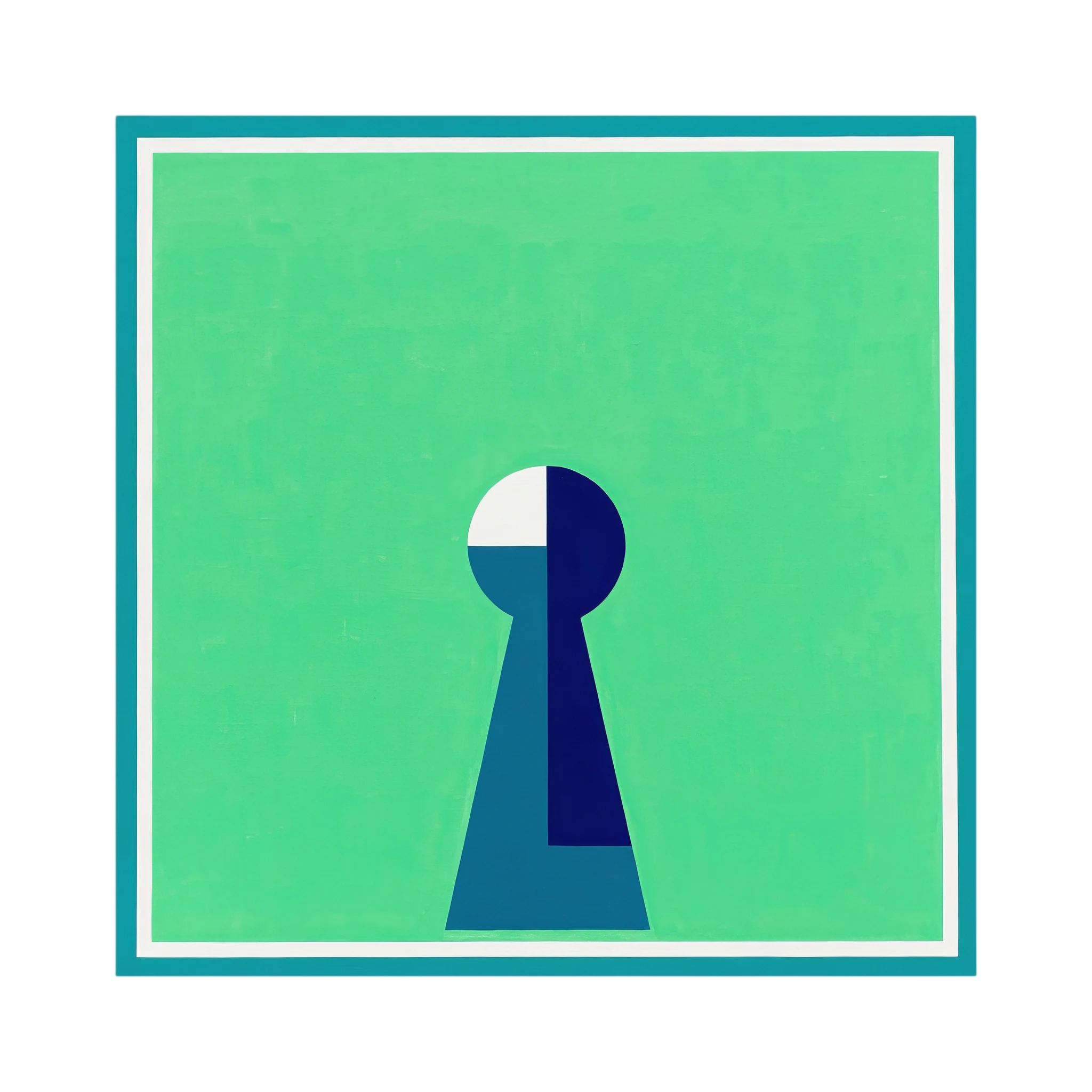 Minimal keyhole form in deep blue and white centred on a luminous green field.