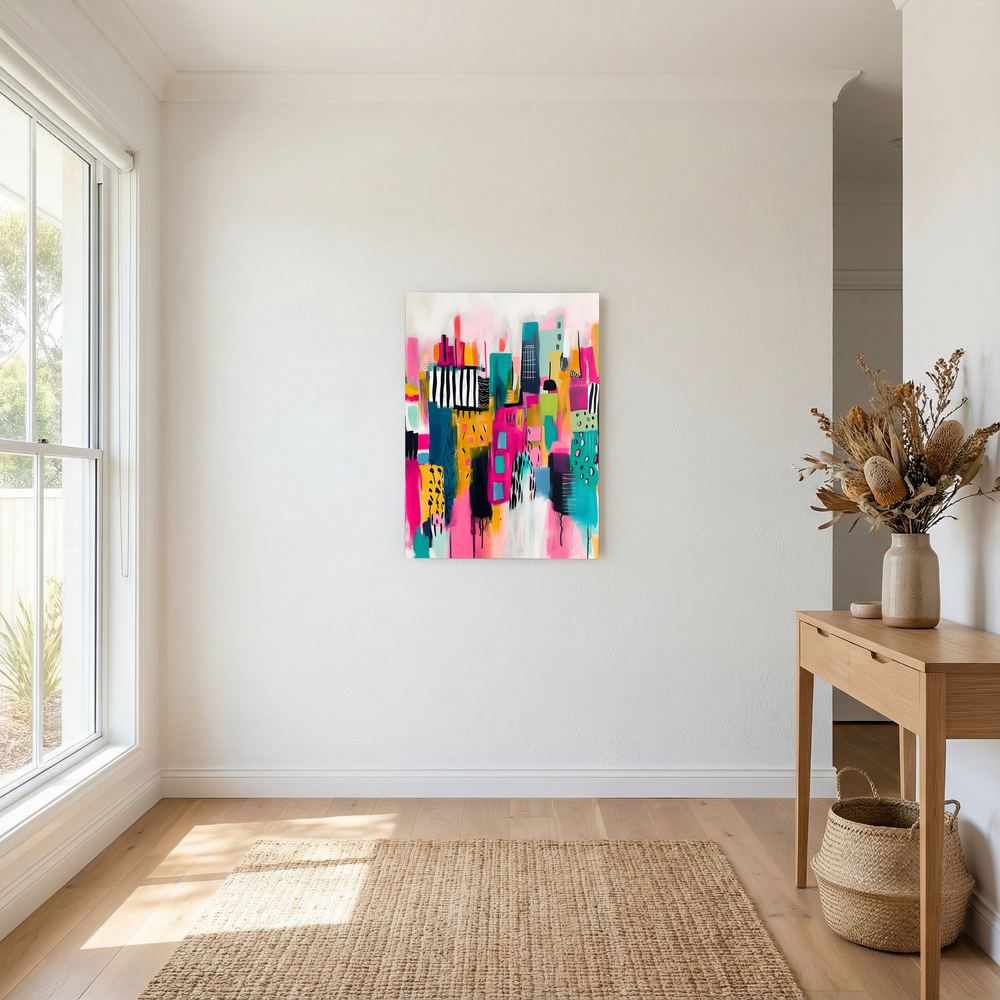 Neon Metropolis colourful abstract cityscape print, product view 5.