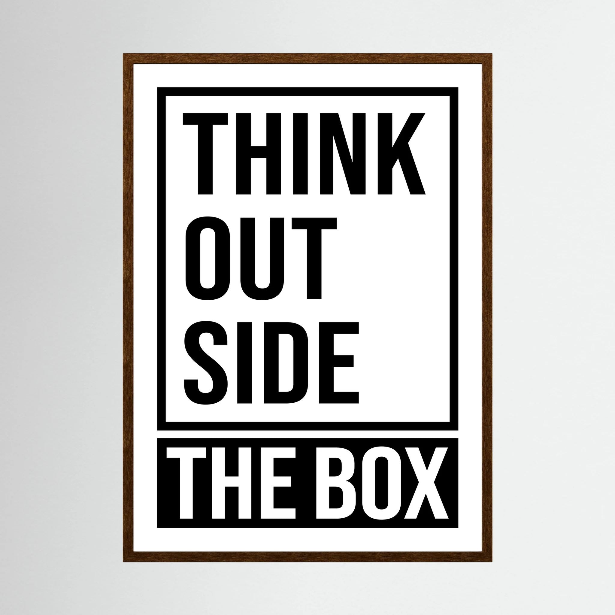Bold black typography stacks the words think outside the box within and beyond a rectangular frame, shown in product view 3.