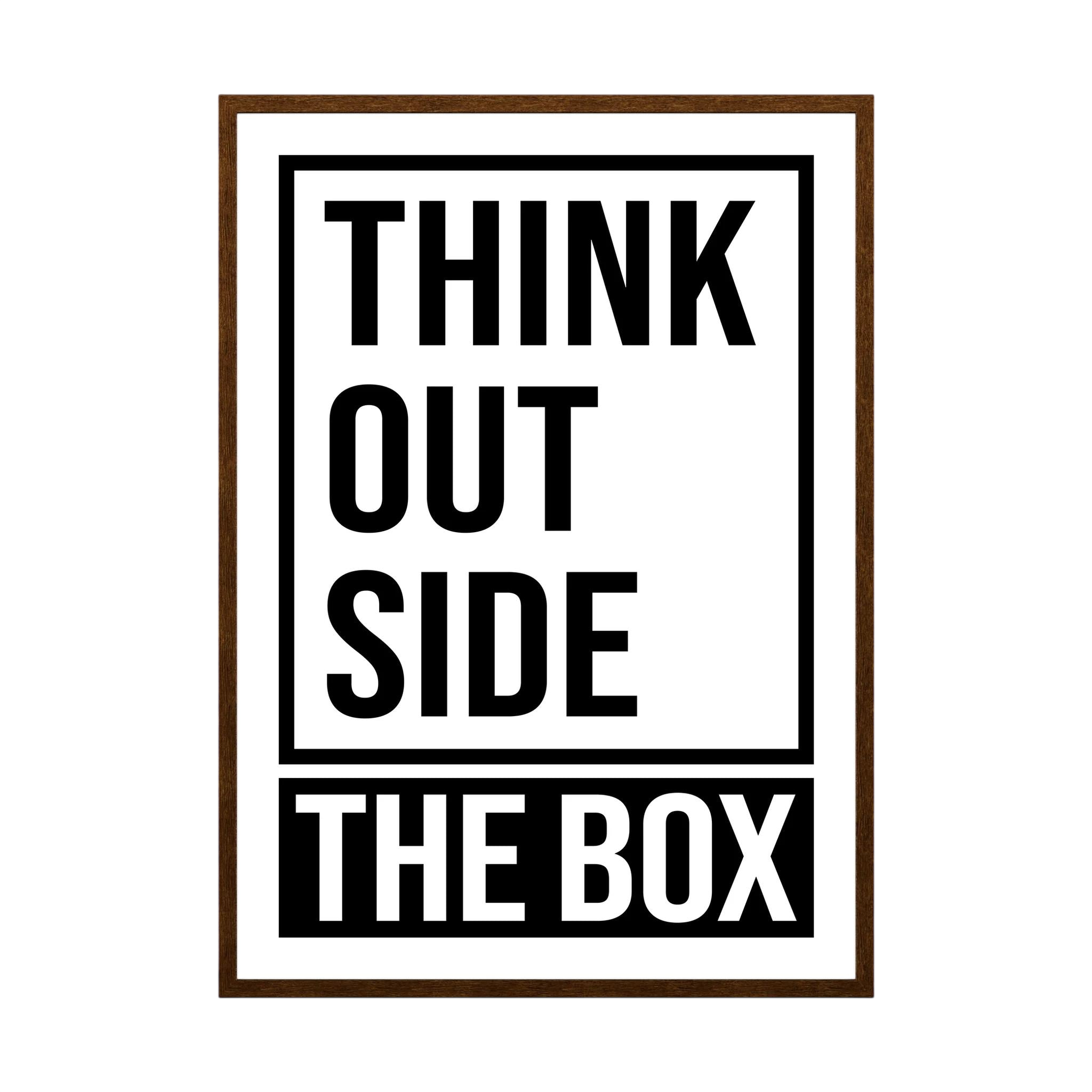 Bold black typography stacks the words think outside the box within and beyond a rectangular frame, shown in product view 3.