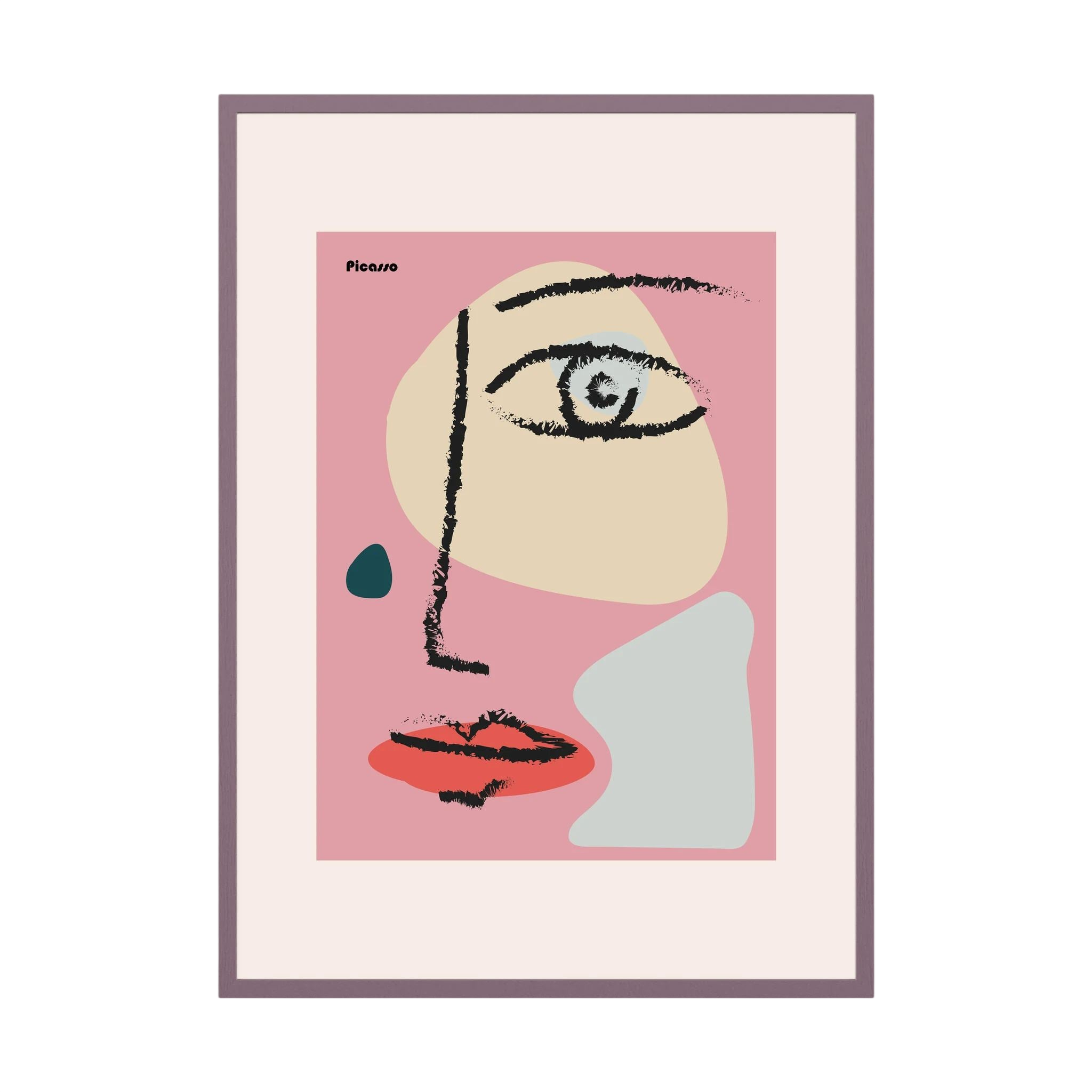 Black brush lines define one eye and red lips against blush pink, cream, pale blue and teal shapes, shown in product view 3.