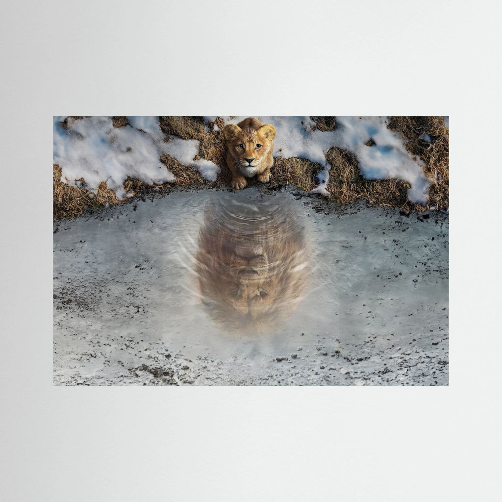 Lion cub looks into an icy pool where its reflection appears as a fully grown lion, shown in product view 2.