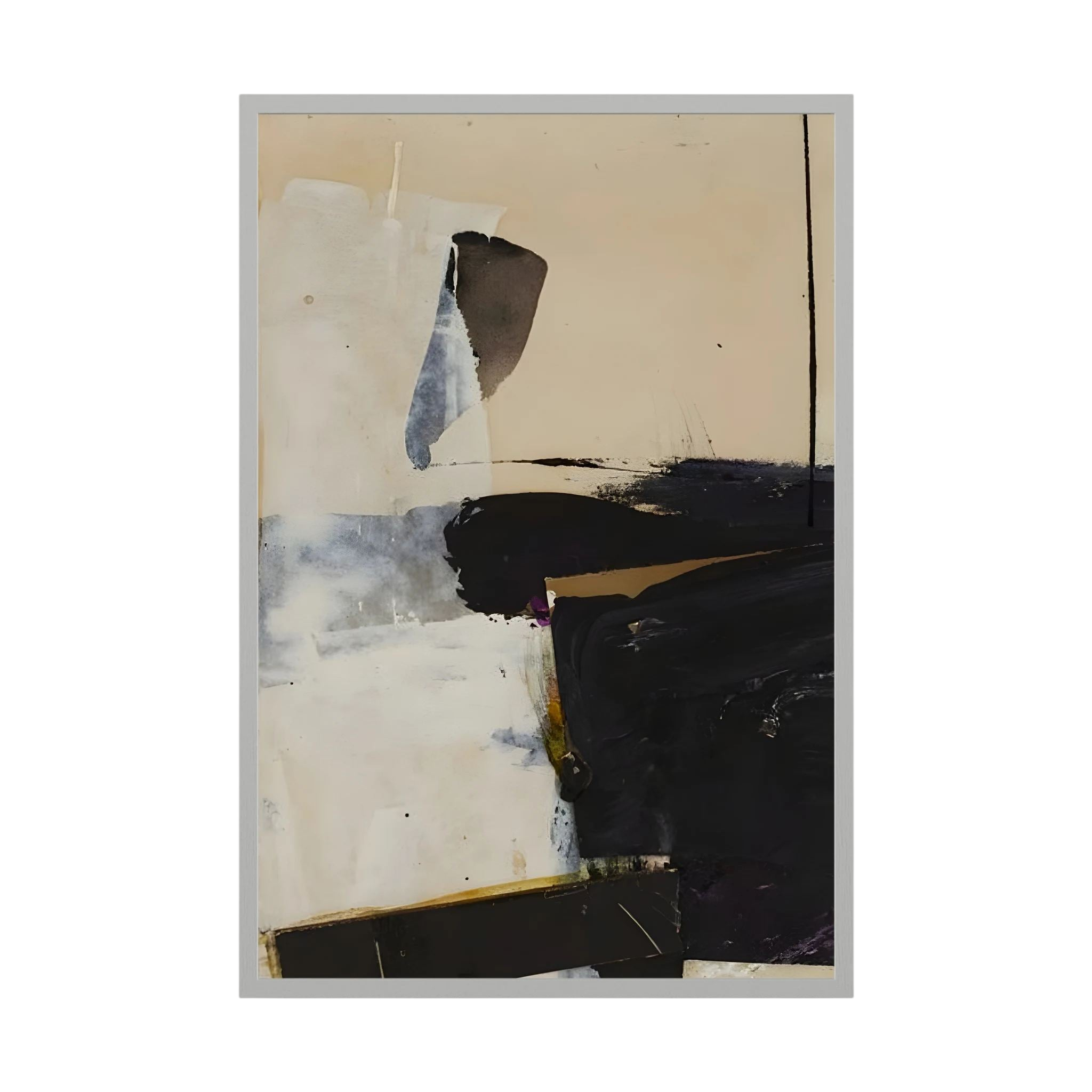 Broad black, cream and grey painterly forms create a restrained high-contrast abstract composition.
