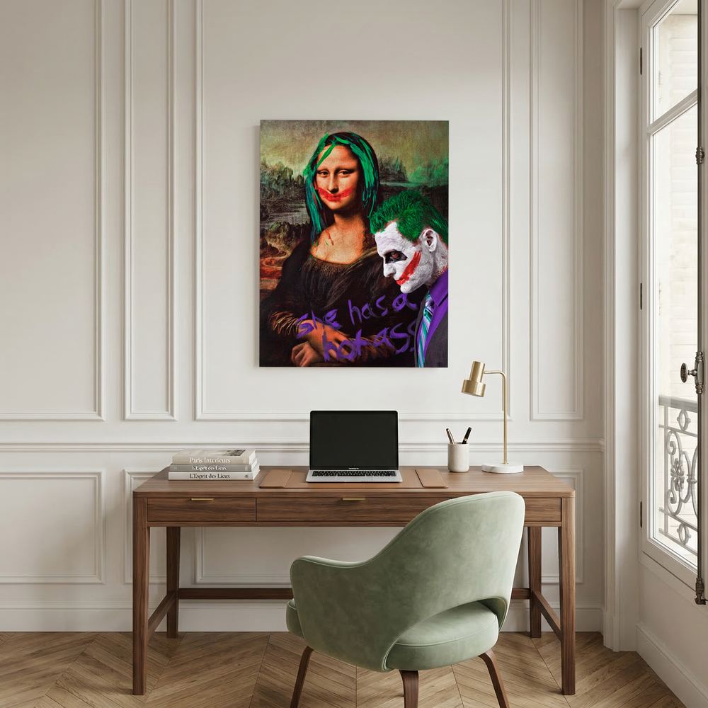 Alternative size view of classical pop art portrait with green hair and painted red smiles, shown unframed.