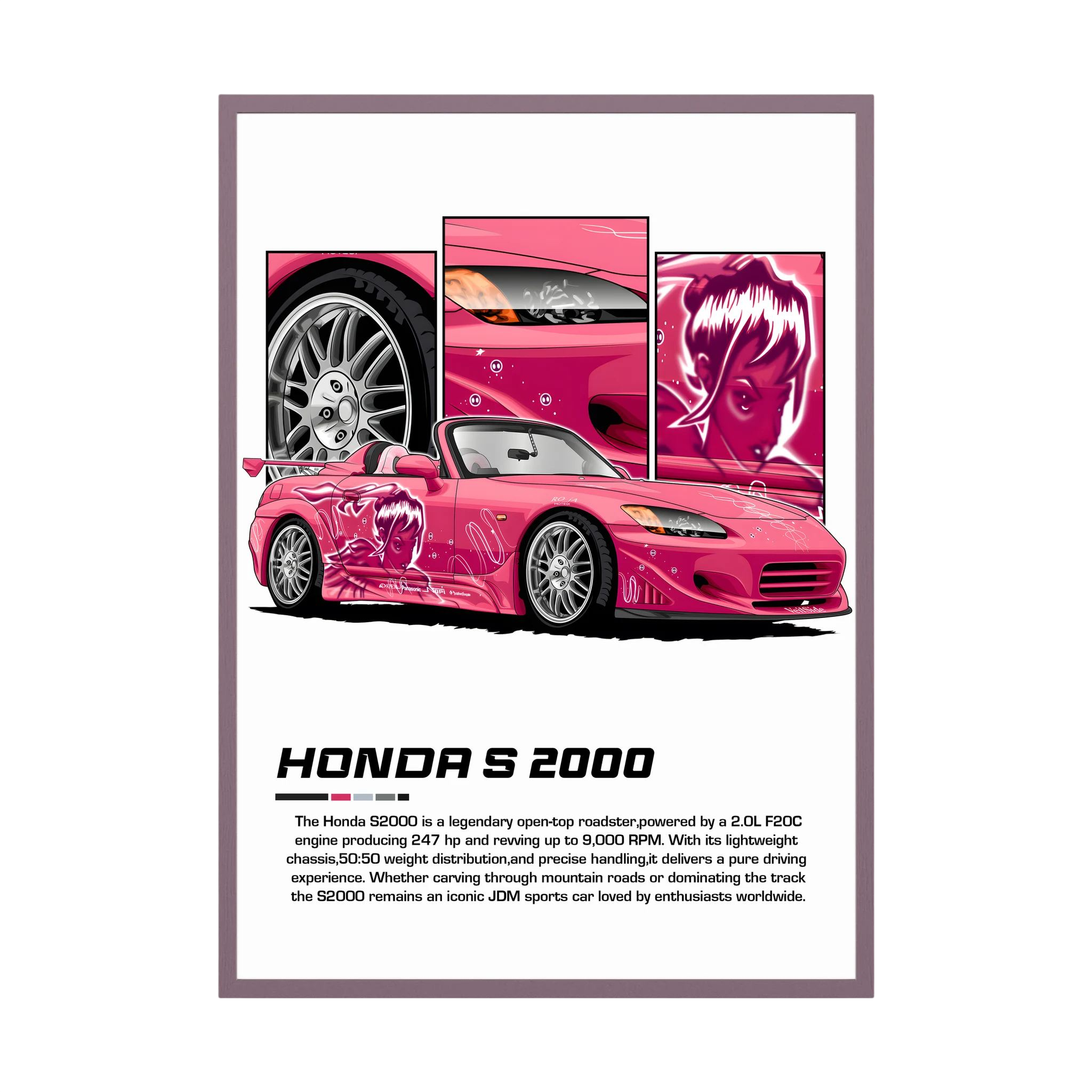 Pink Honda S2000 roadster illustration with character graphics and close-up panels.